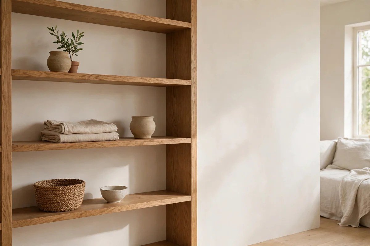 Open oak shelving styled with curated handmade pottery, baskets, and linen