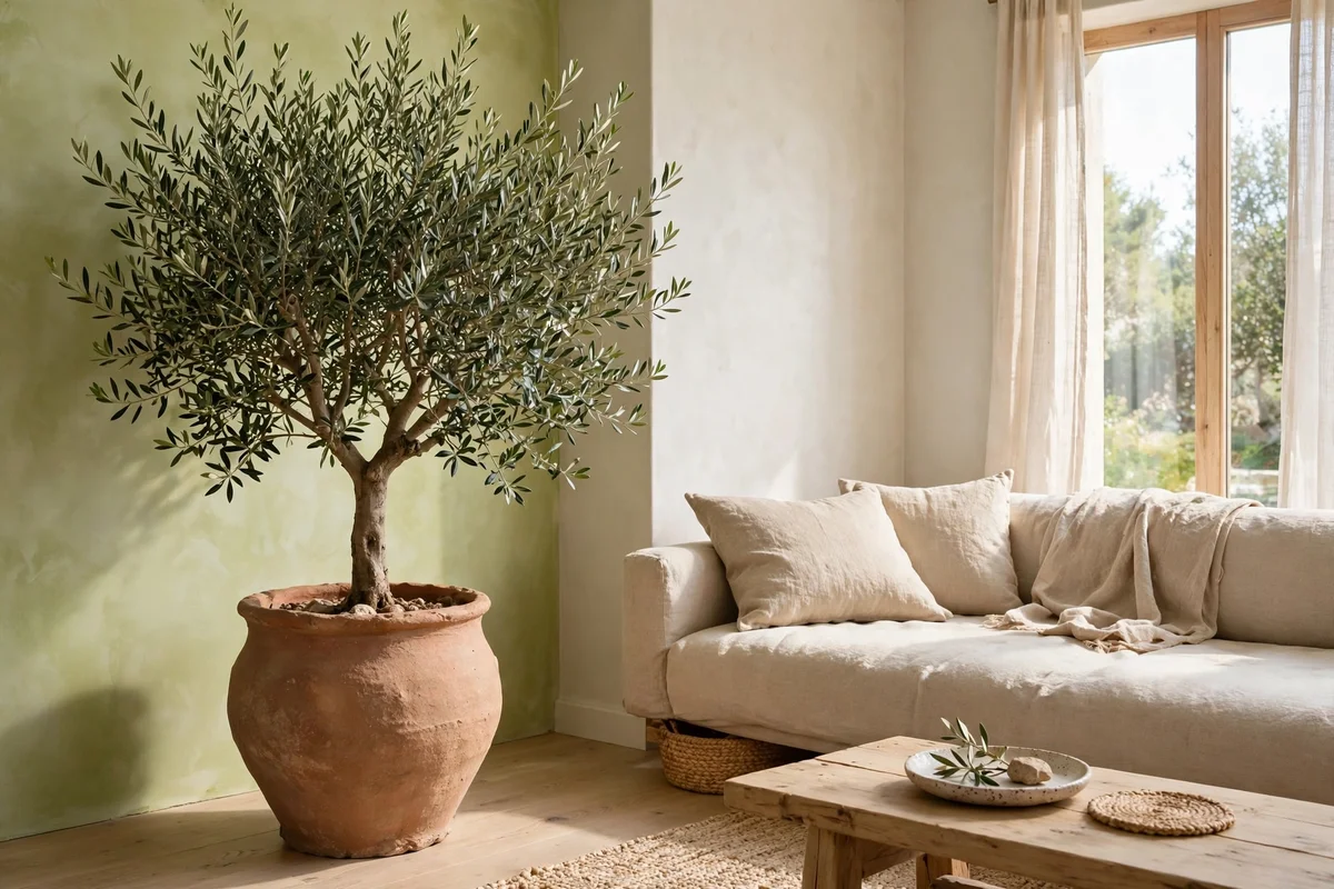 Indoor olive tree in large handmade terracotta clay pot beside linen sofa