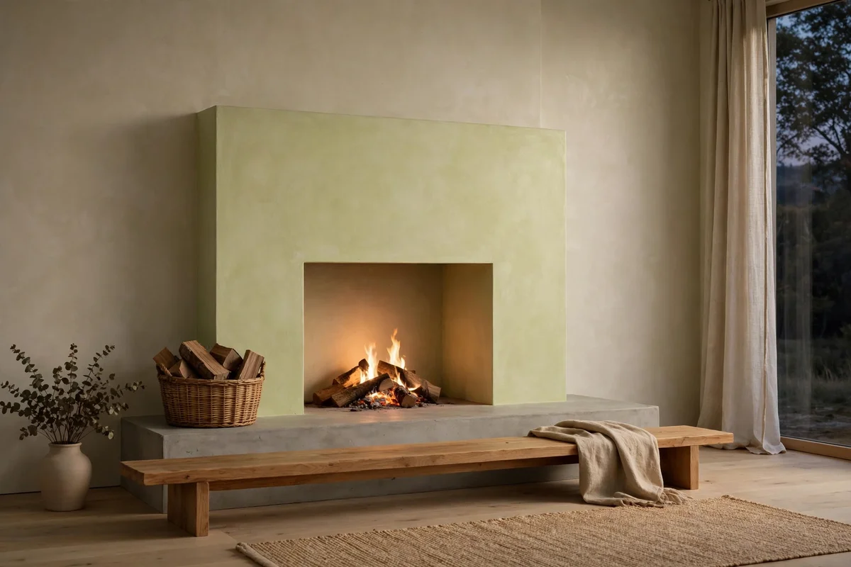Living room with minimal plaster fireplace, concrete hearth, and low bench seating