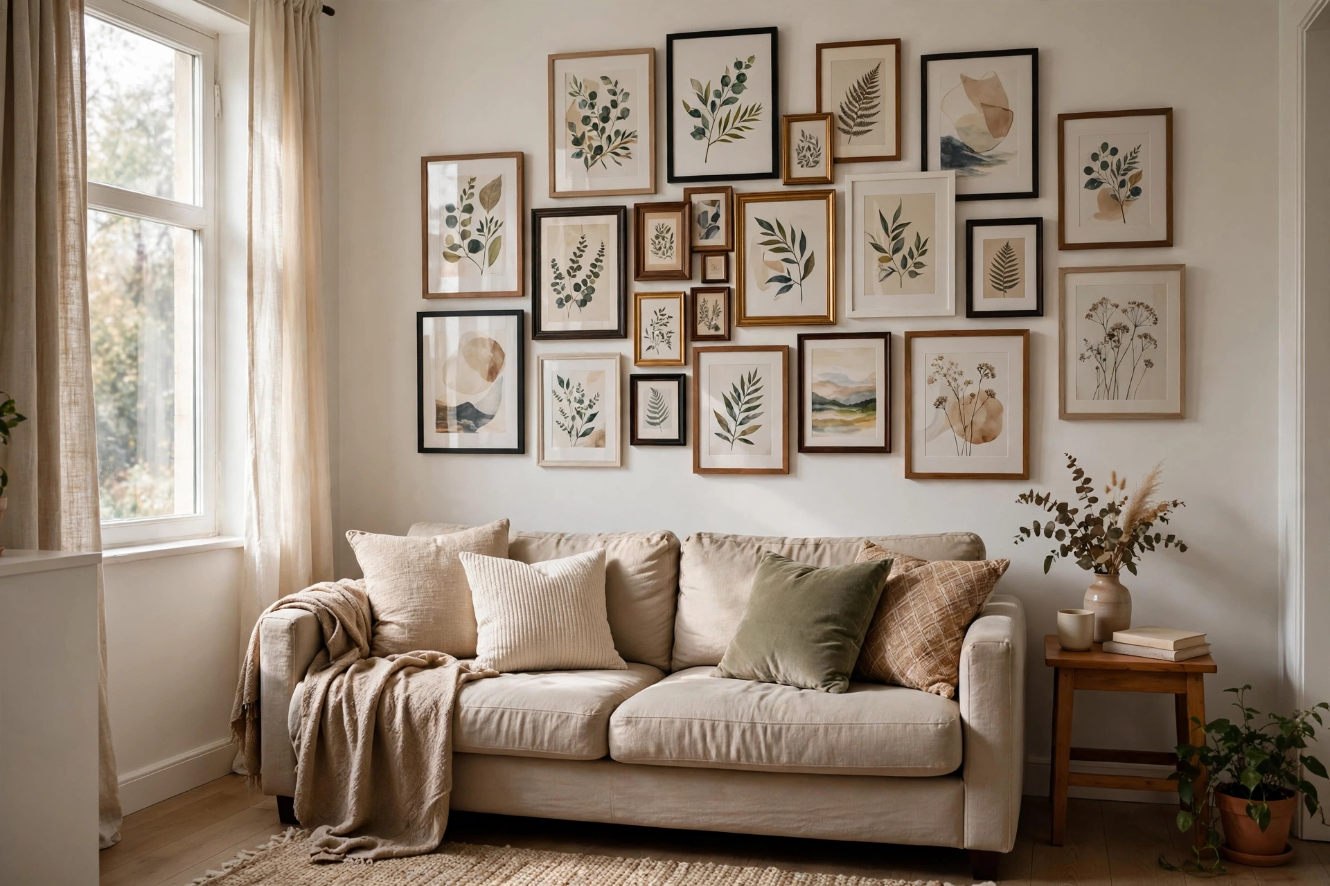 Eclectic salon-style gallery wall with mixed frames above a sofa in a small studio apartment