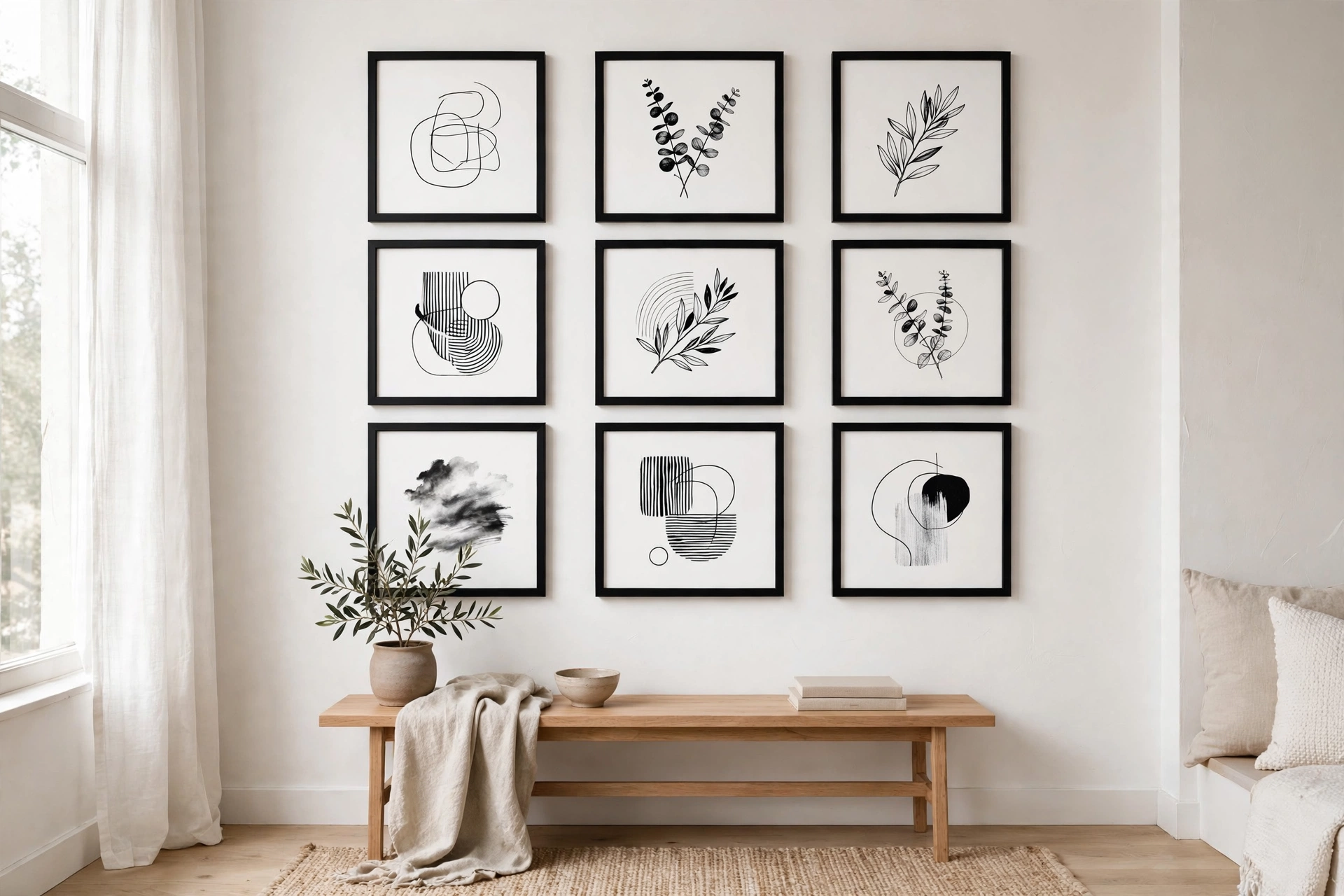 Perfect 3x3 grid gallery wall of black frames with monochrome prints in a studio apartment