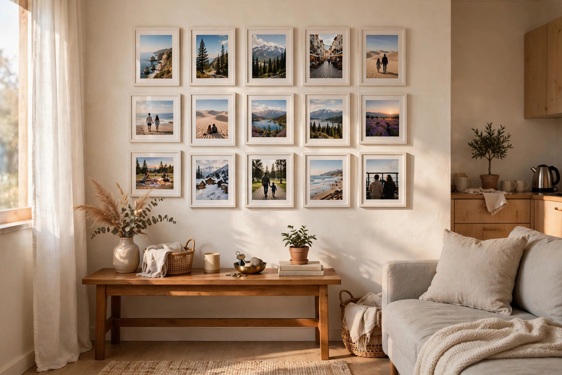 Personal photo gallery wall with travel and family photos in matching frames in a studio