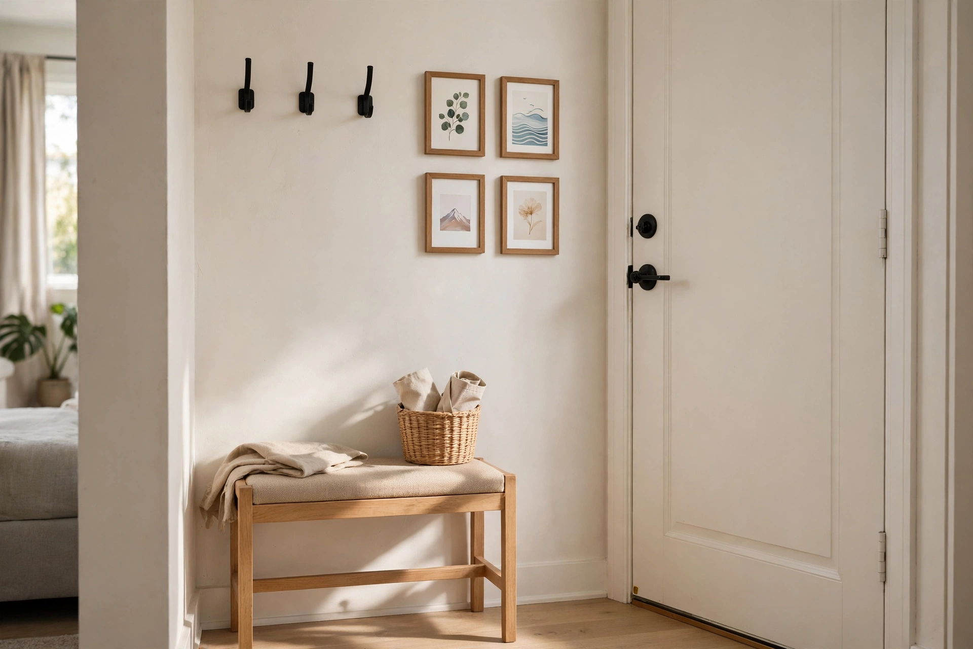 Small entryway mini gallery wall with postcards and small framed prints by a studio front door