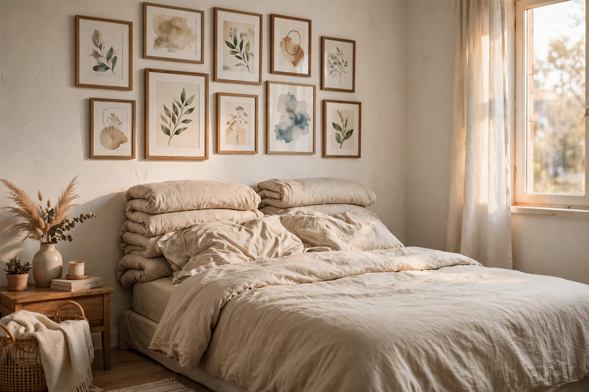 Gallery wall above a bed acting as a headboard substitute in a studio apartment bedroom zone