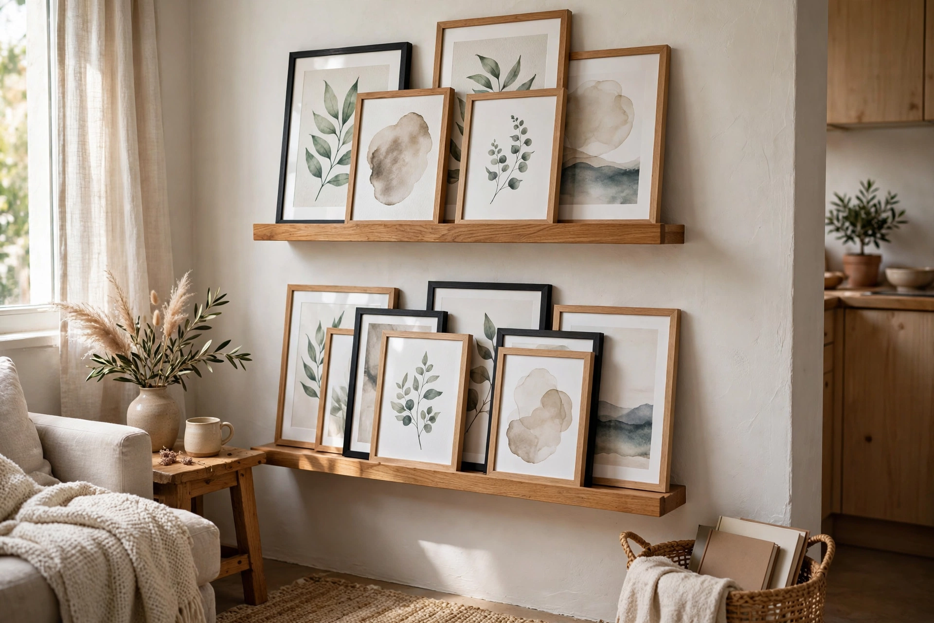 Picture ledges with layered leaning framed art prints in a small studio apartment