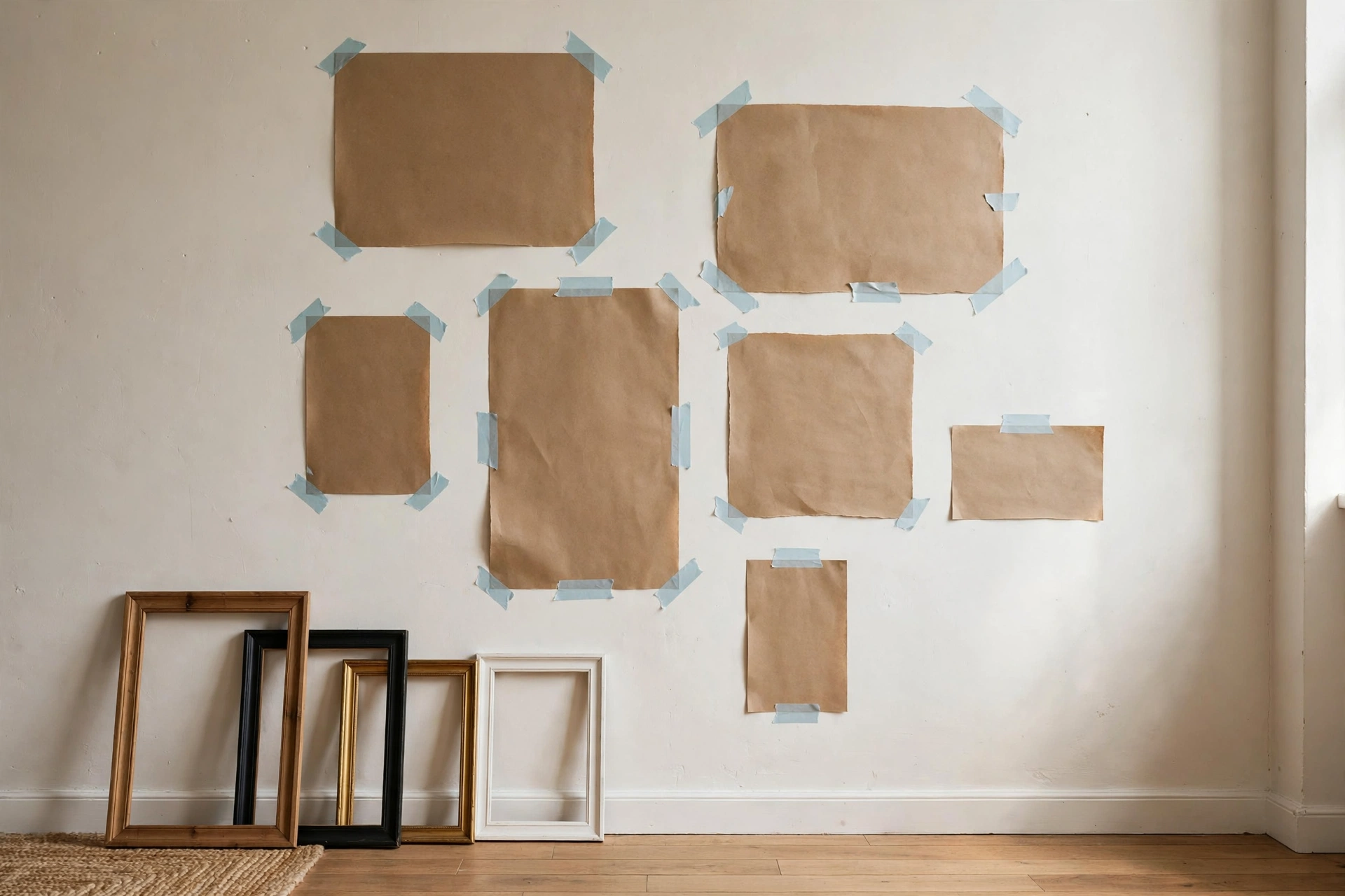 Paper templates taped to a wall for planning a gallery wall layout in an apartment