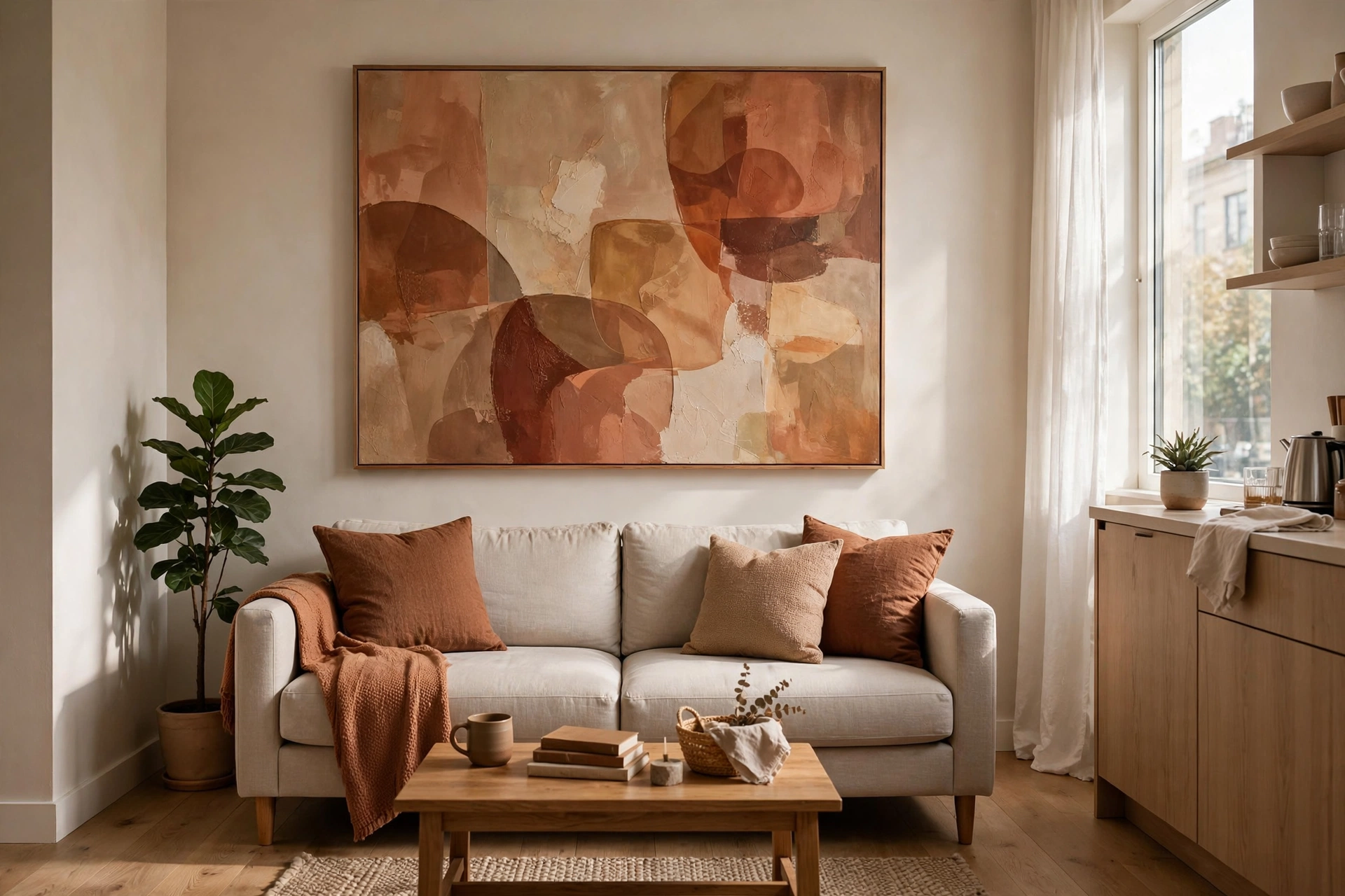 Single oversized abstract canvas above a sofa making a small studio living room feel larger
