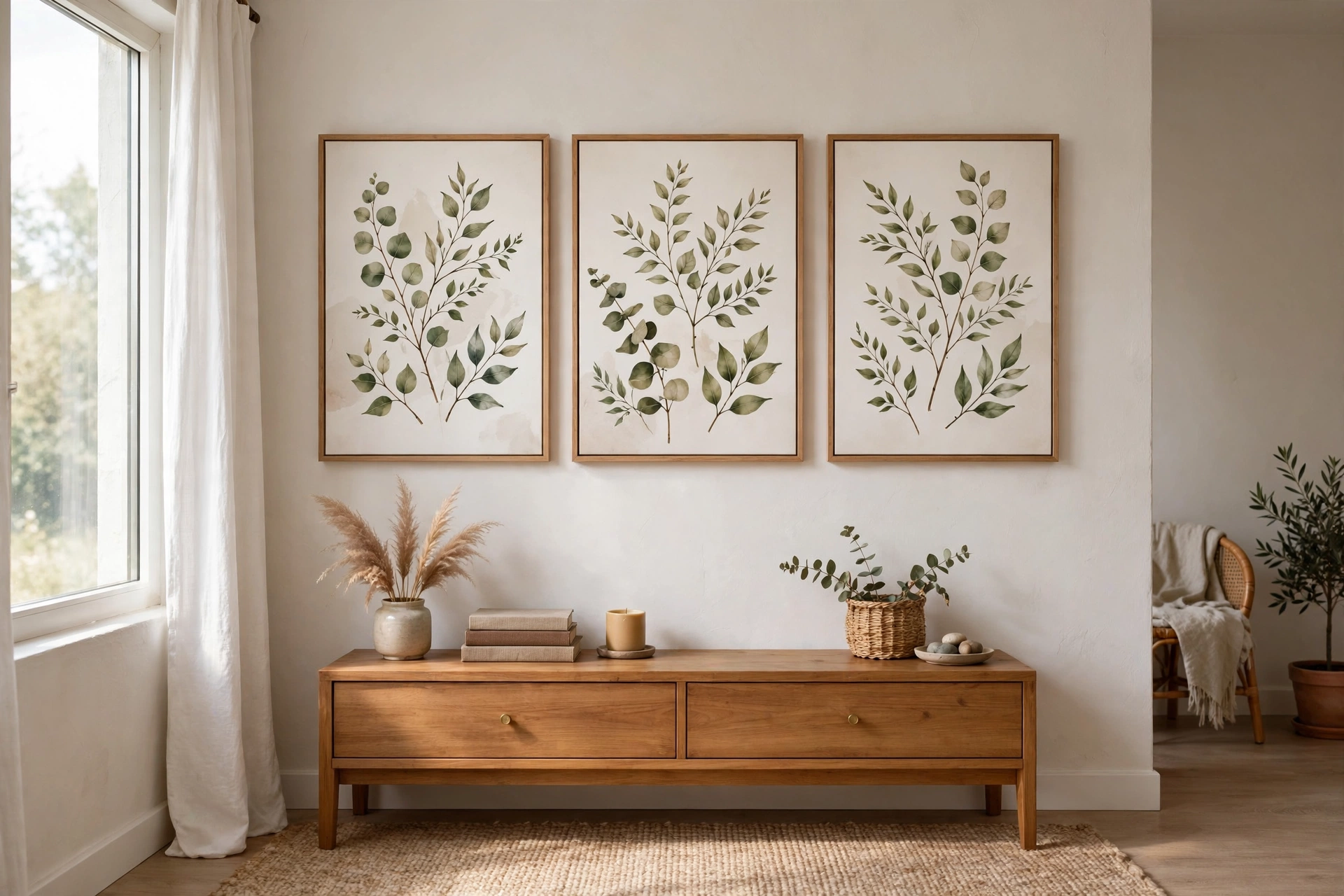 Triptych of three matching canvas panels hung above a console table in a studio apartment