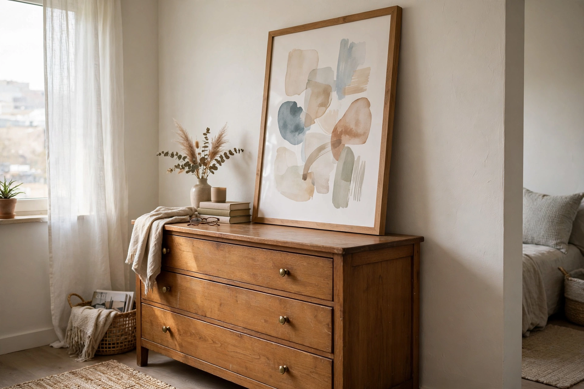 Oversized framed art print leaned against the wall on a dresser in a rental studio