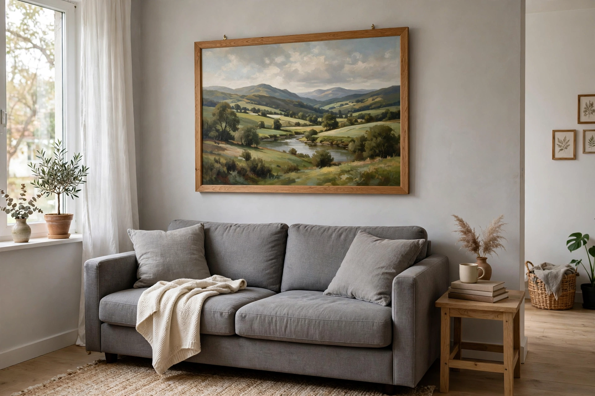 Properly scaled large artwork spanning two-thirds of a sofa width in a studio living room