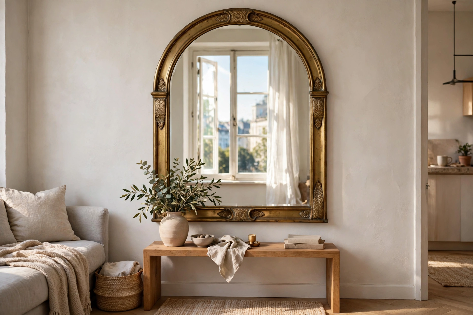 Large decorative arched mirror styled as wall art reflecting light in a small studio apartment