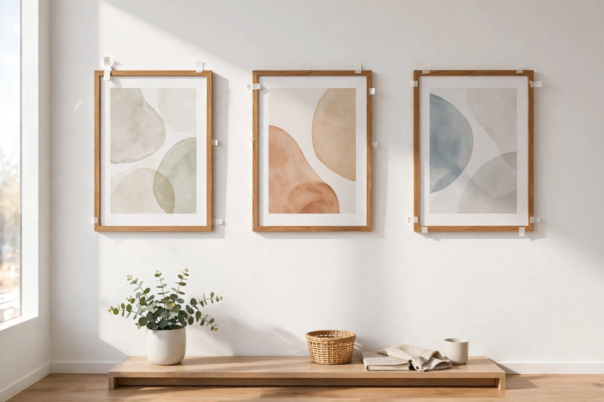 Framed prints hung with adhesive strips showing damage-free hanging in a rental apartment