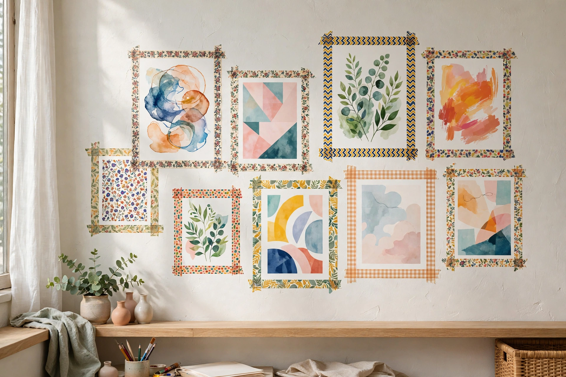 Art prints taped to a wall with decorative washi tape frames in a studio apartment