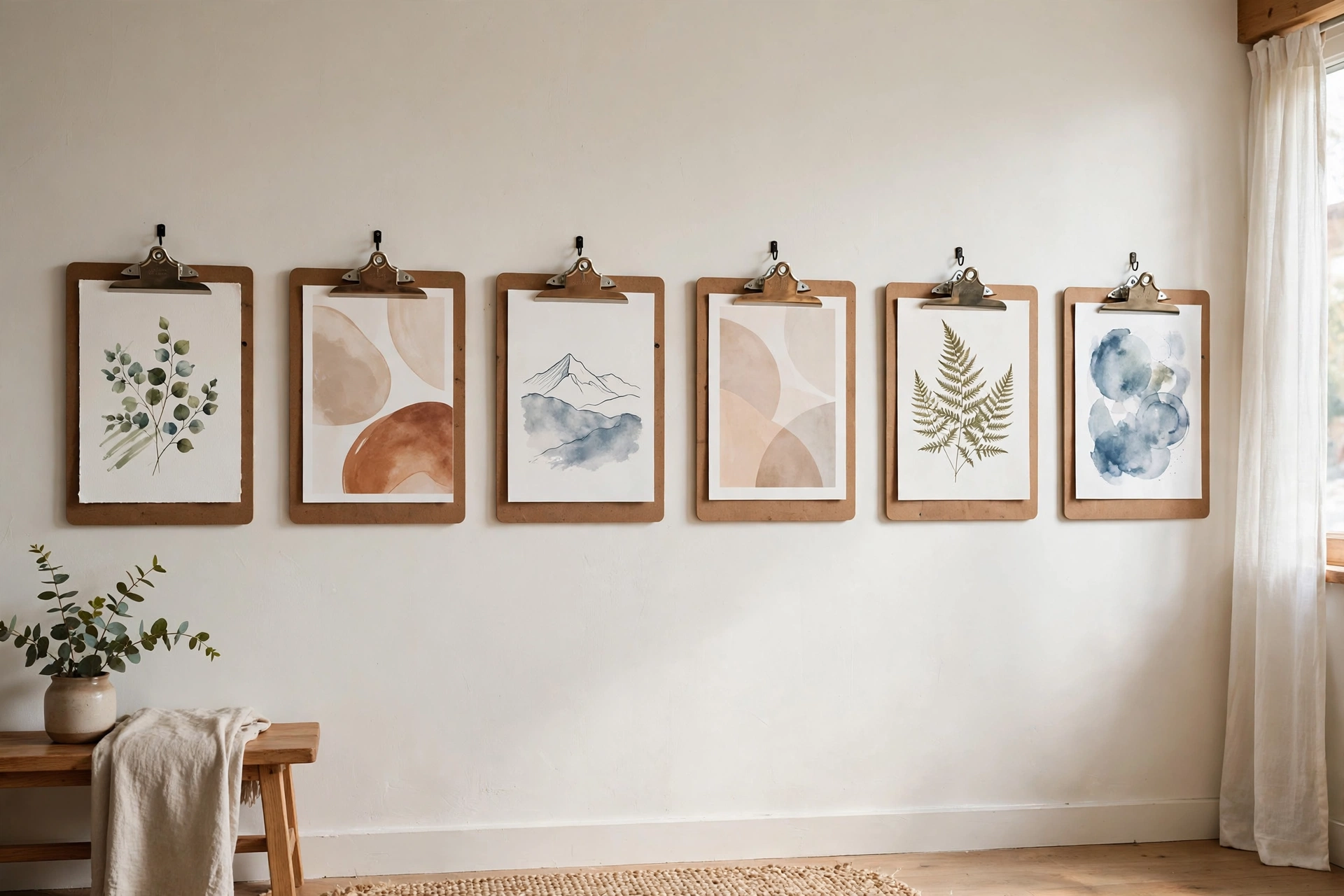 Wooden clipboards in a row displaying interchangeable art prints on a studio wall