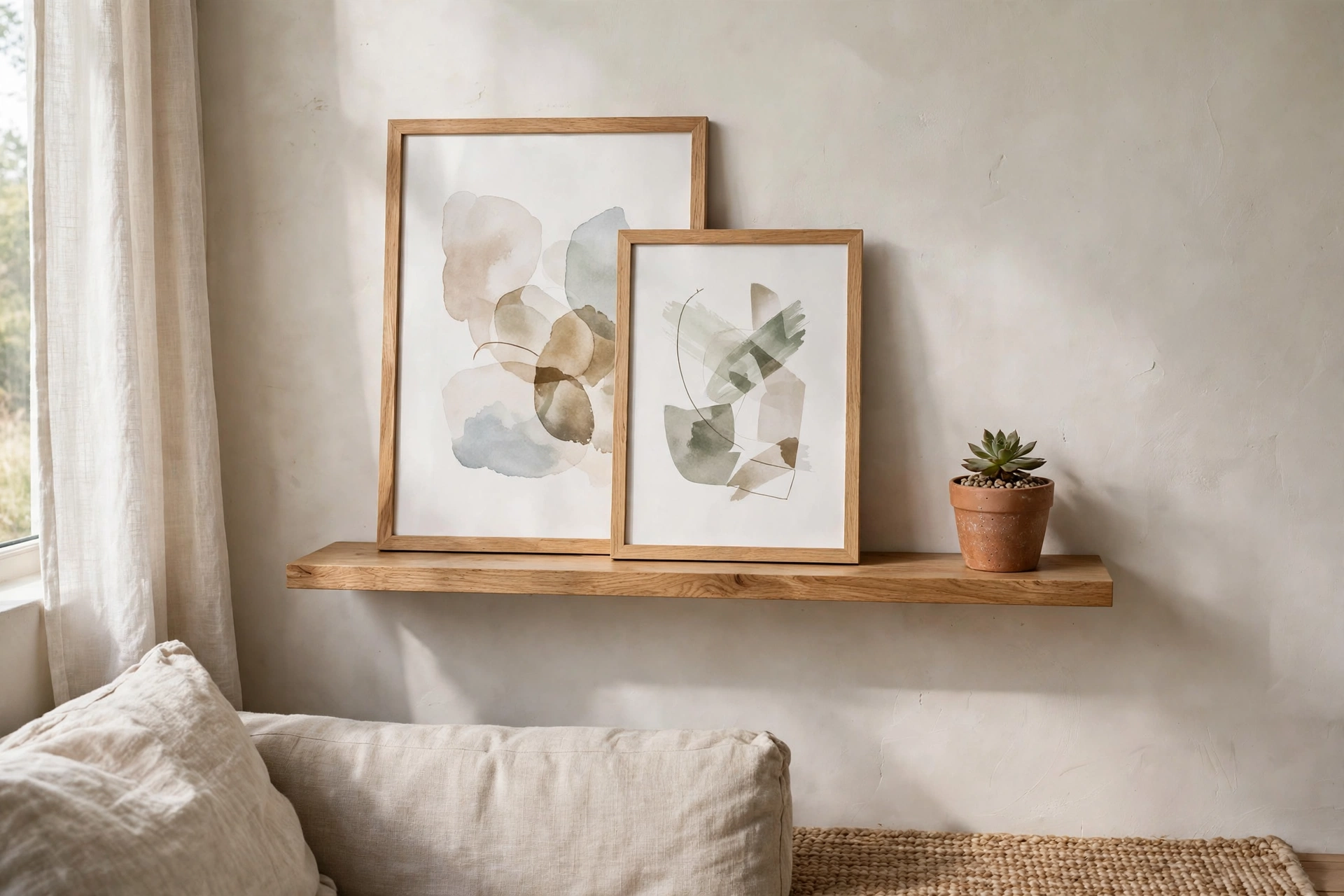 Framed art prints leaned on a floating shelf as a rotating display in a studio