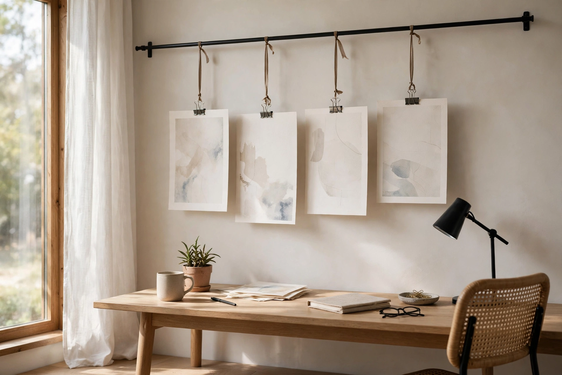 Art prints clipped to a tension rod rail for easy swapping above a desk in a studio