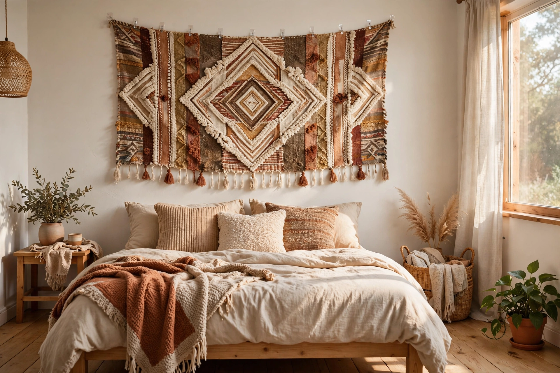 Fabric tapestry hung with adhesive hooks adding softness to a studio apartment wall