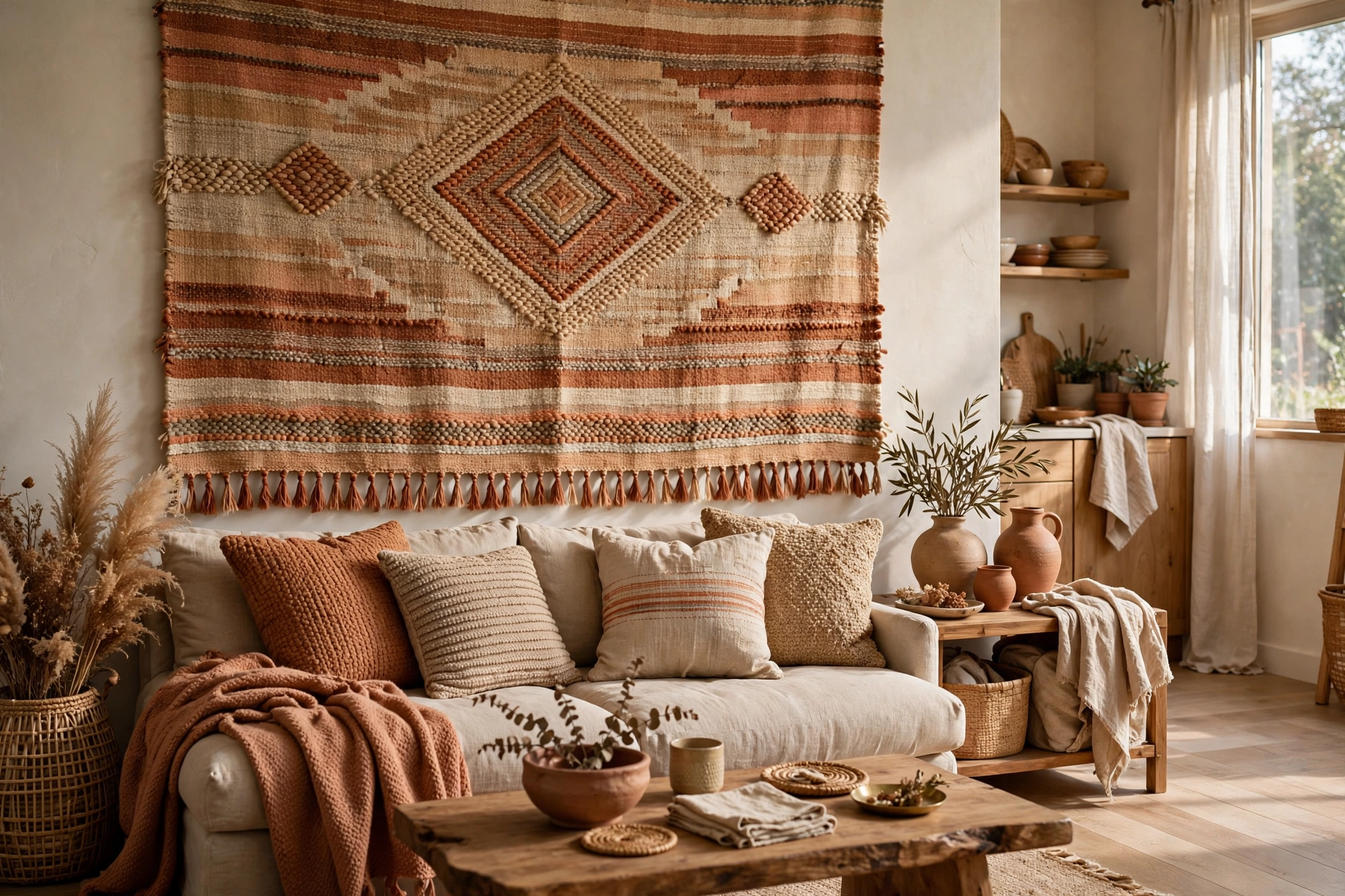 Large woven tapestry in warm neutrals covering a main wall in a cozy studio apartment