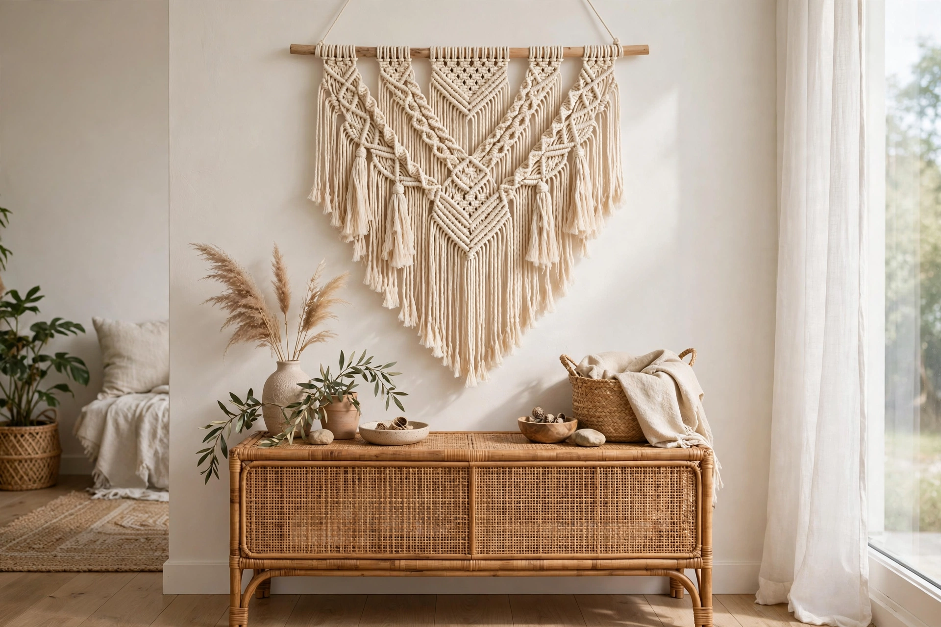 Handmade macrame wall hanging adding boho texture above a console in a studio