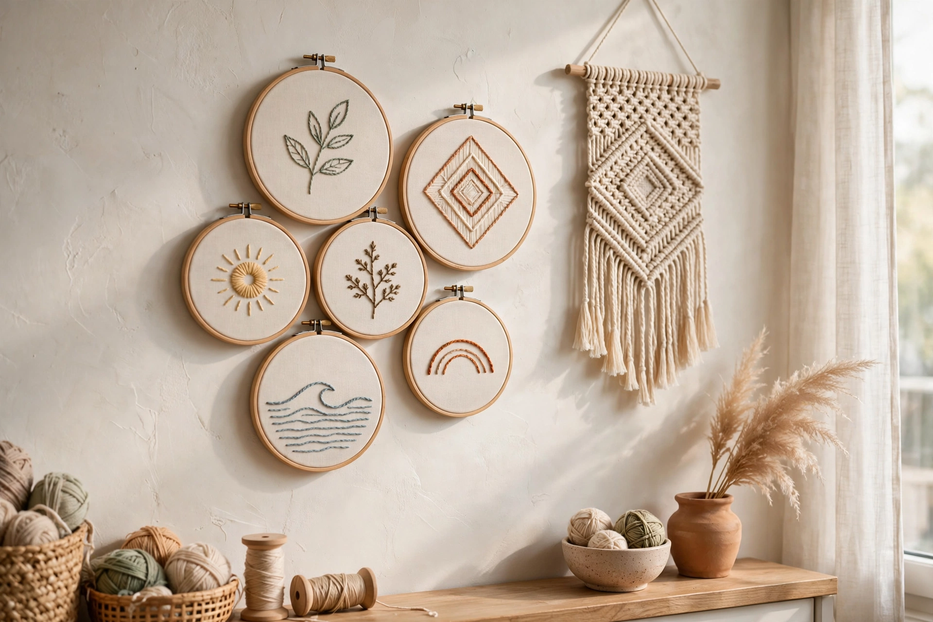 Fiber art and embroidered hoop wall hangings grouped as textile art in a studio apartment