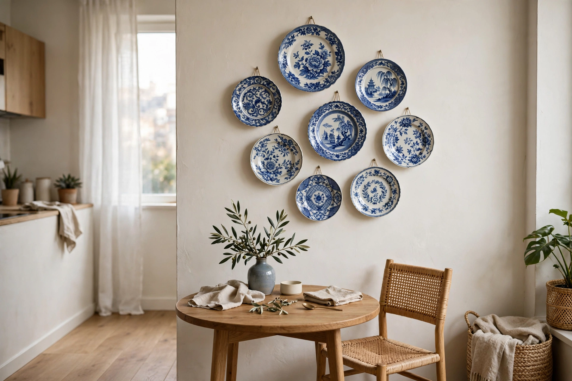 Decorative plate wall cluster above a small dining table in a studio apartment