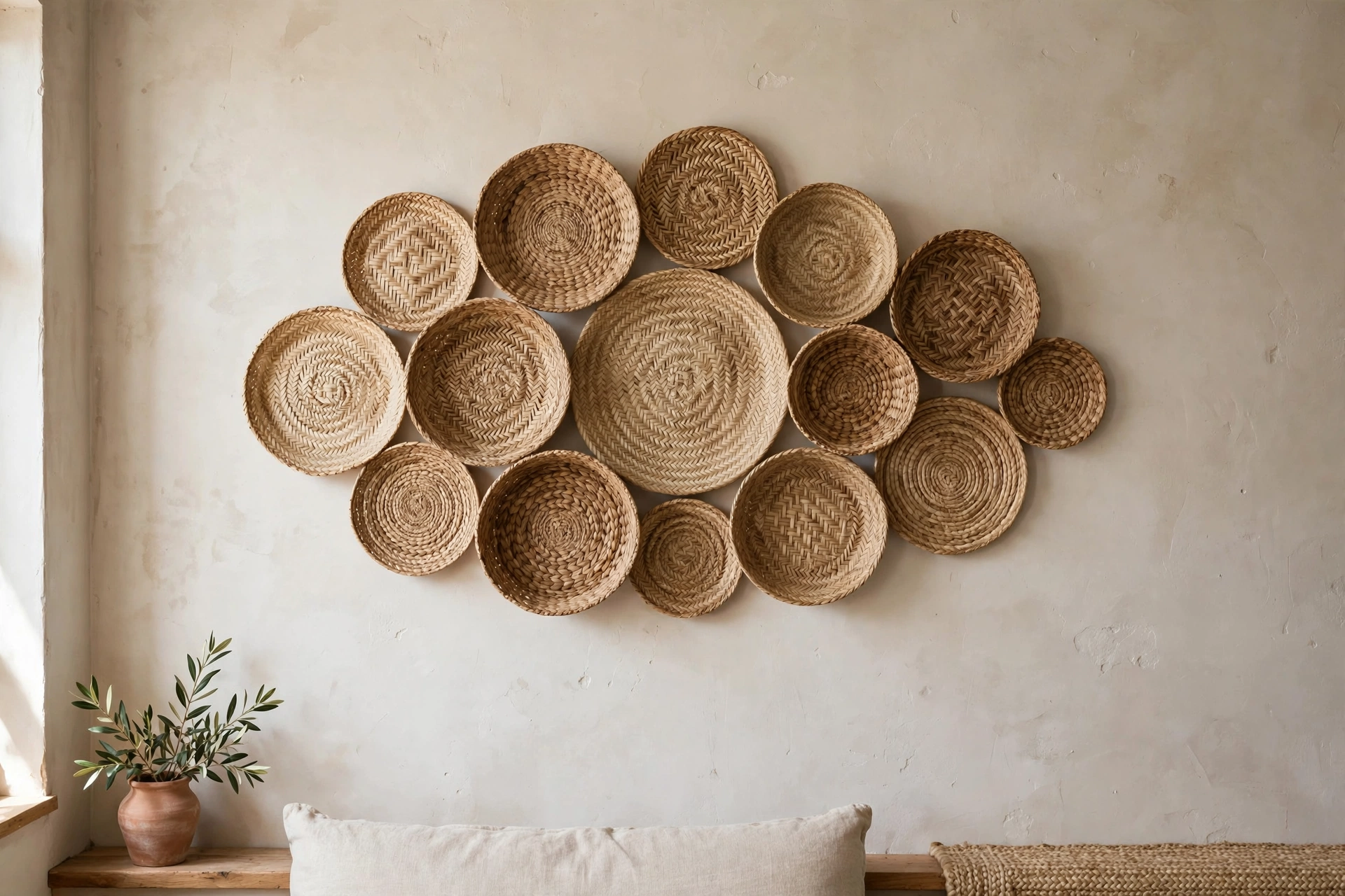 Woven basket wall display in organic cluster adding texture to a studio apartment wall