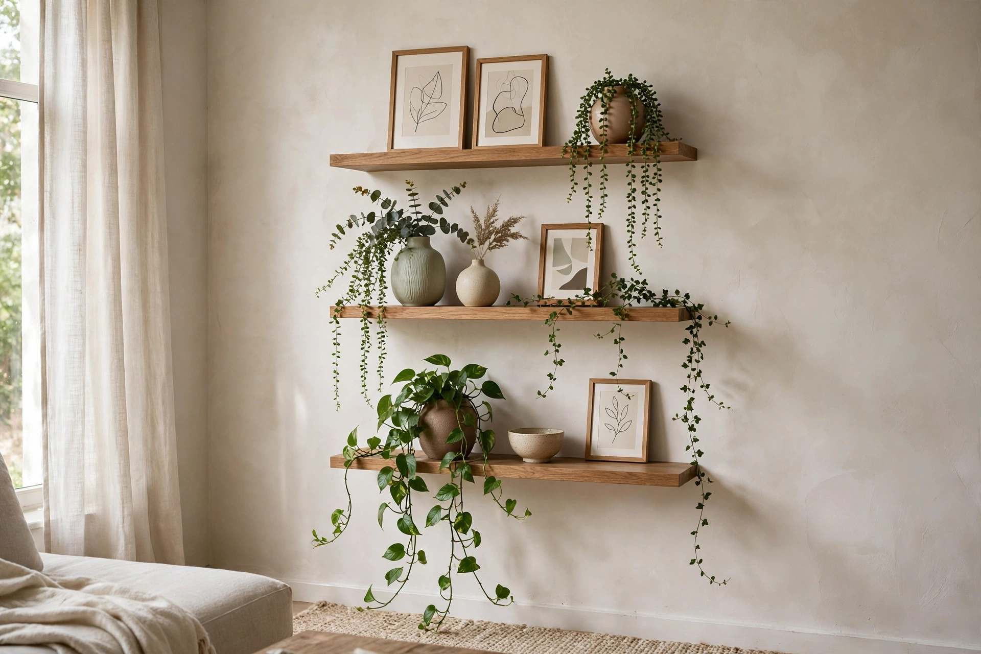 Floating shelves styled with small art prints vases and plants as dimensional wall art