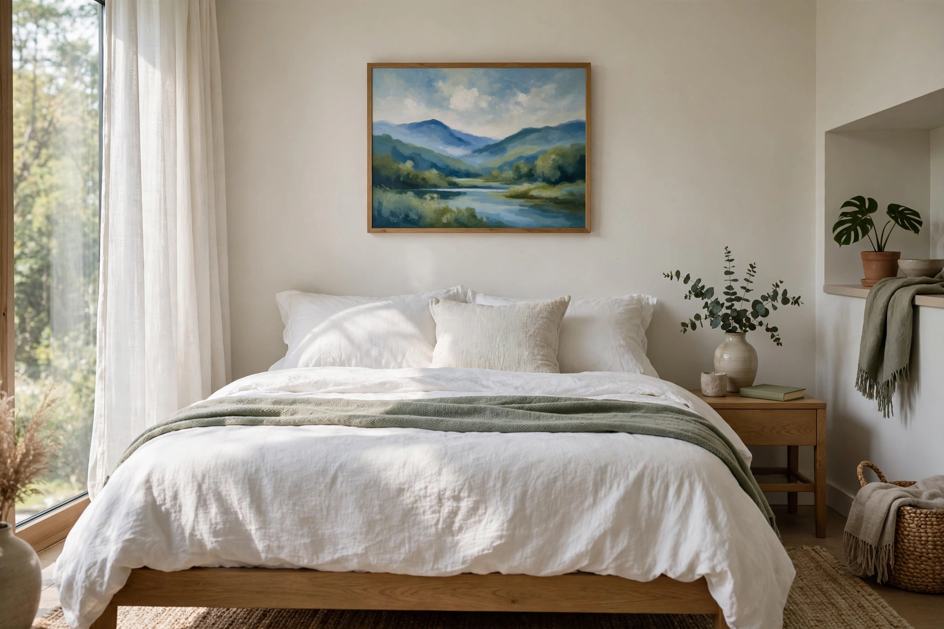 Calming landscape art above a bed setting a serene mood in a studio bedroom zone