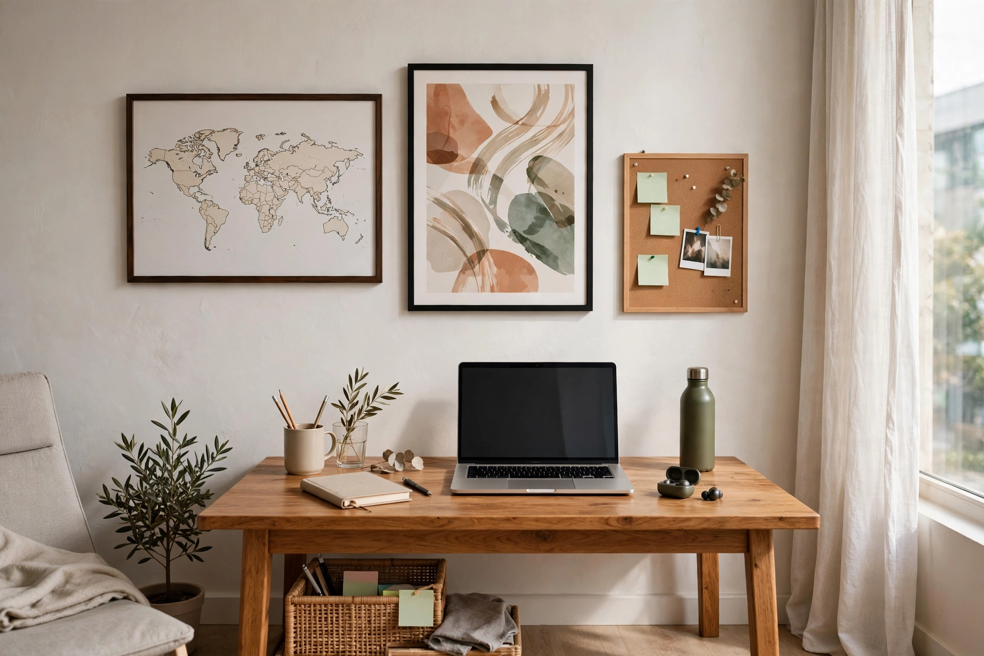 Motivating framed art and map above a desk in a studio apartment work zone