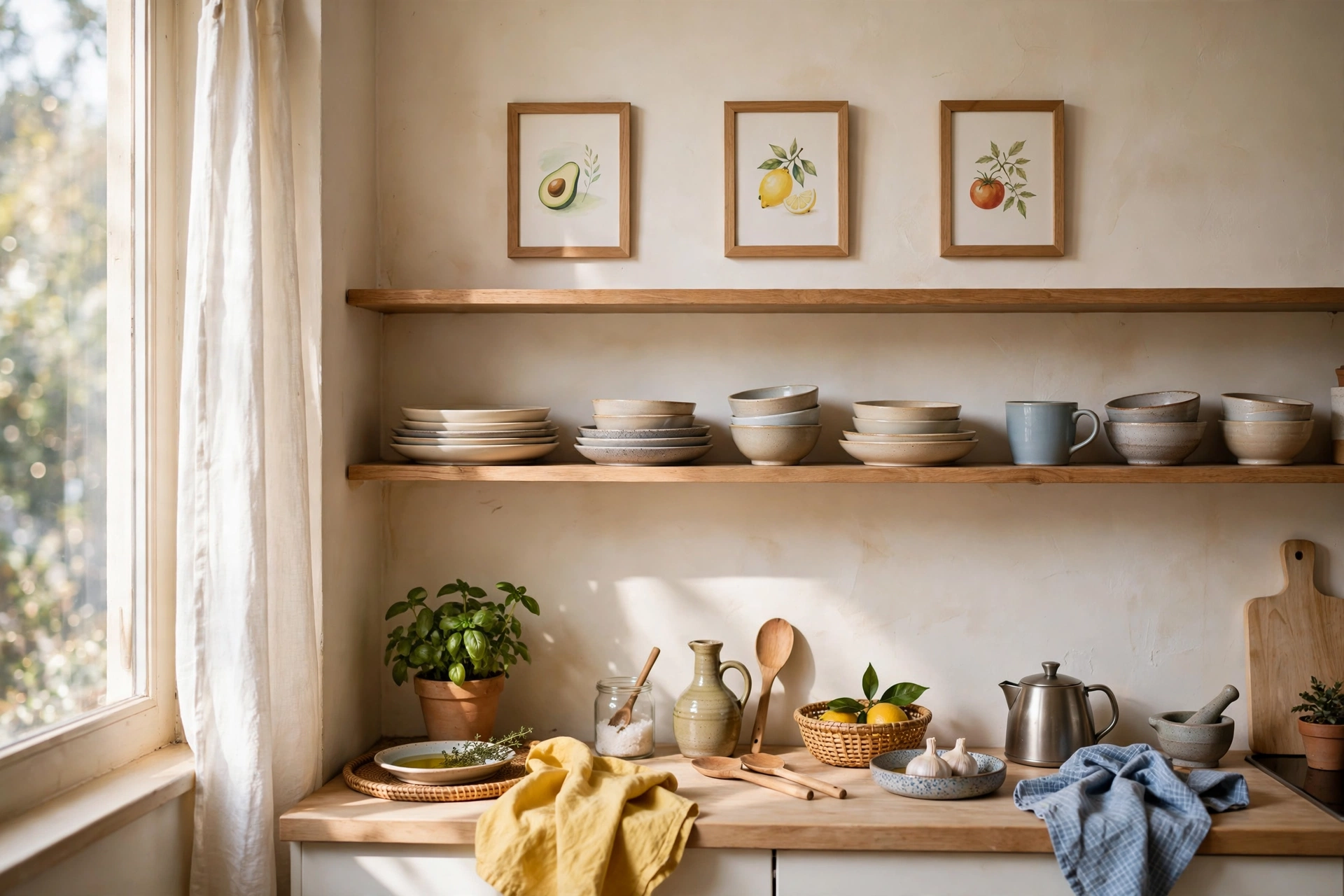 Framed food prints on a small studio kitchen wall adding personality to the cooking zone