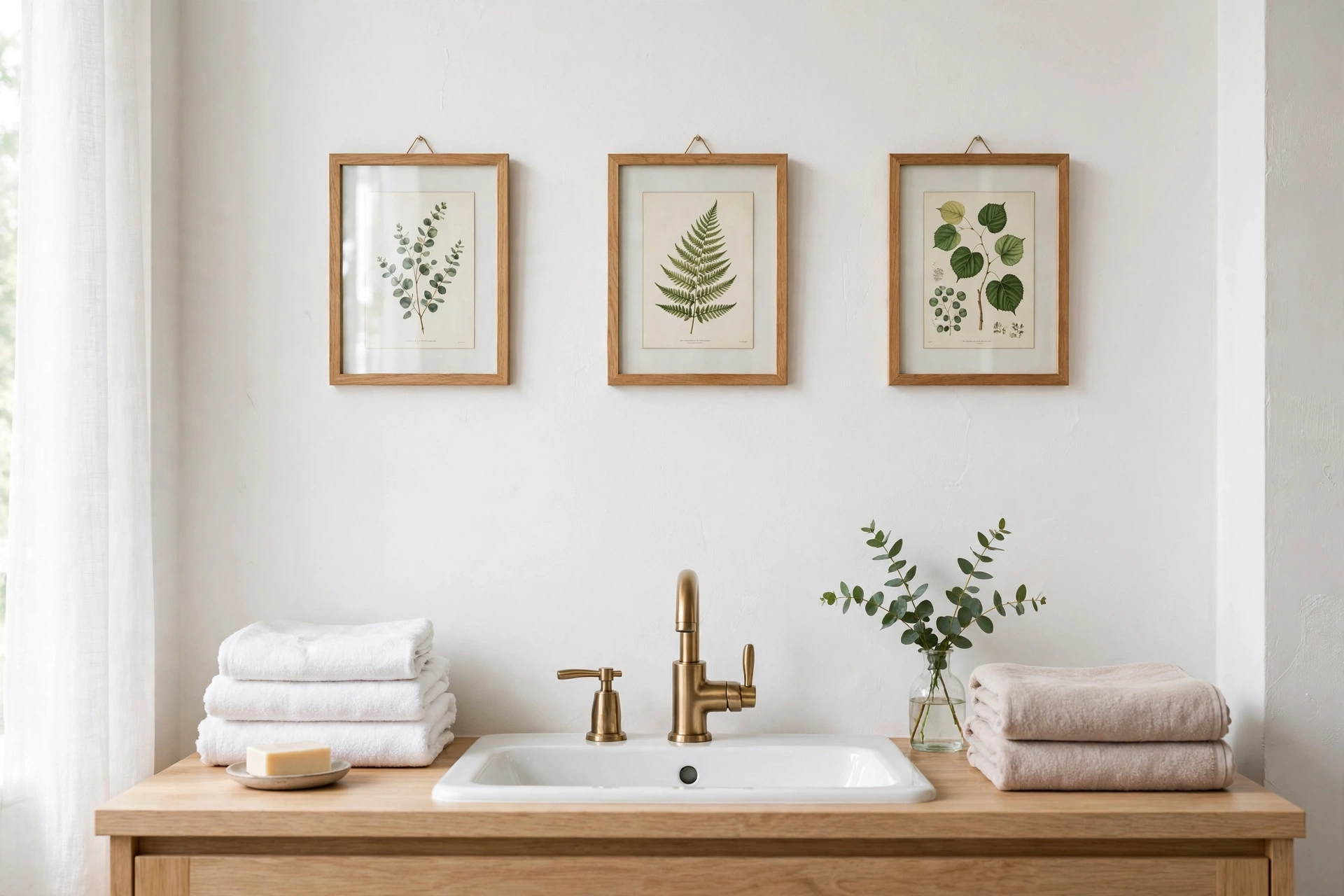 Small framed botanical prints behind glass in a studio apartment bathroom