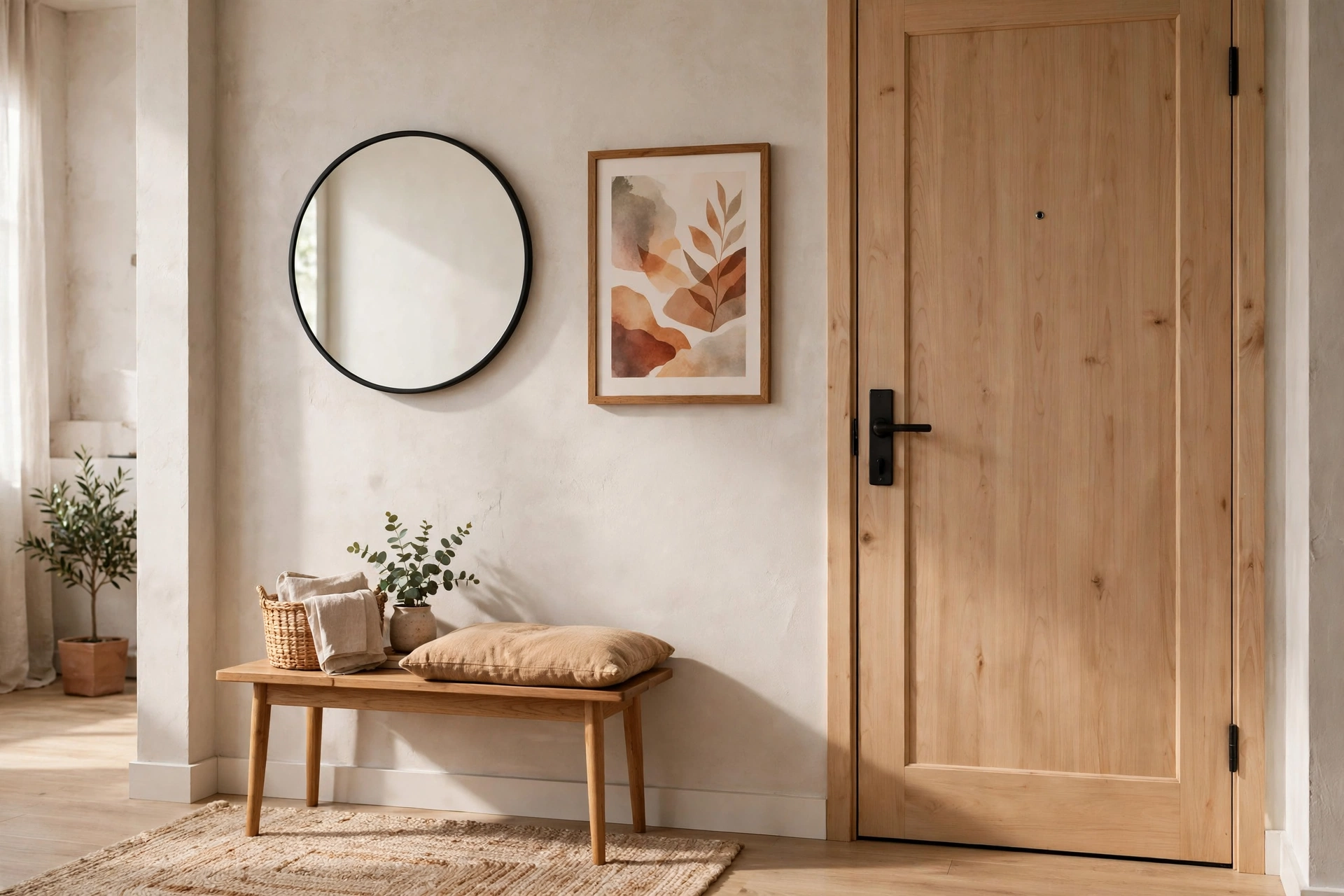 Welcoming entryway wall with mirror and small art by the front door of a studio