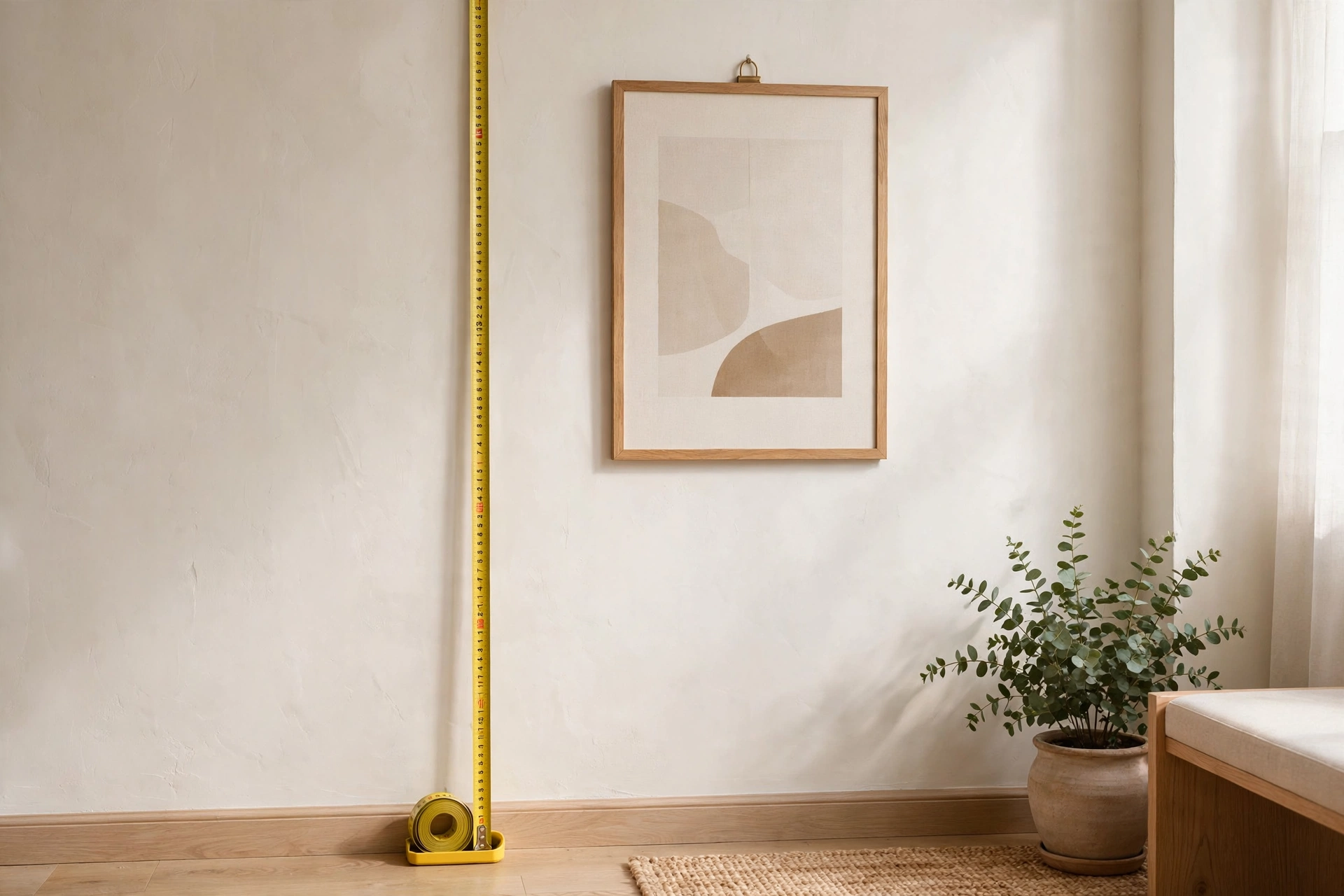 Measuring tape showing 57-inch center height for hanging art at eye level in an apartment