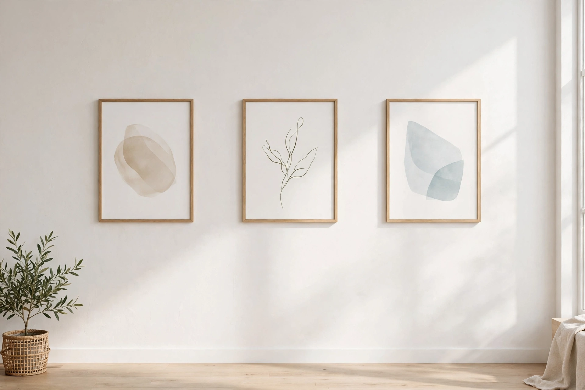 Well-spaced framed art with generous breathing room on a studio apartment wall