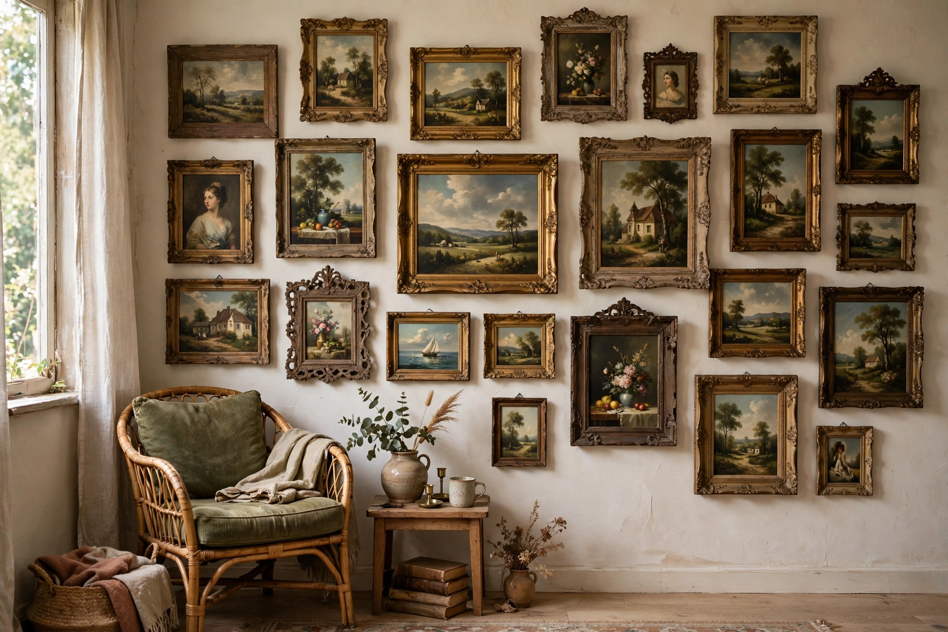 Thrifted original paintings and vintage frames found secondhand styled in a studio apartment