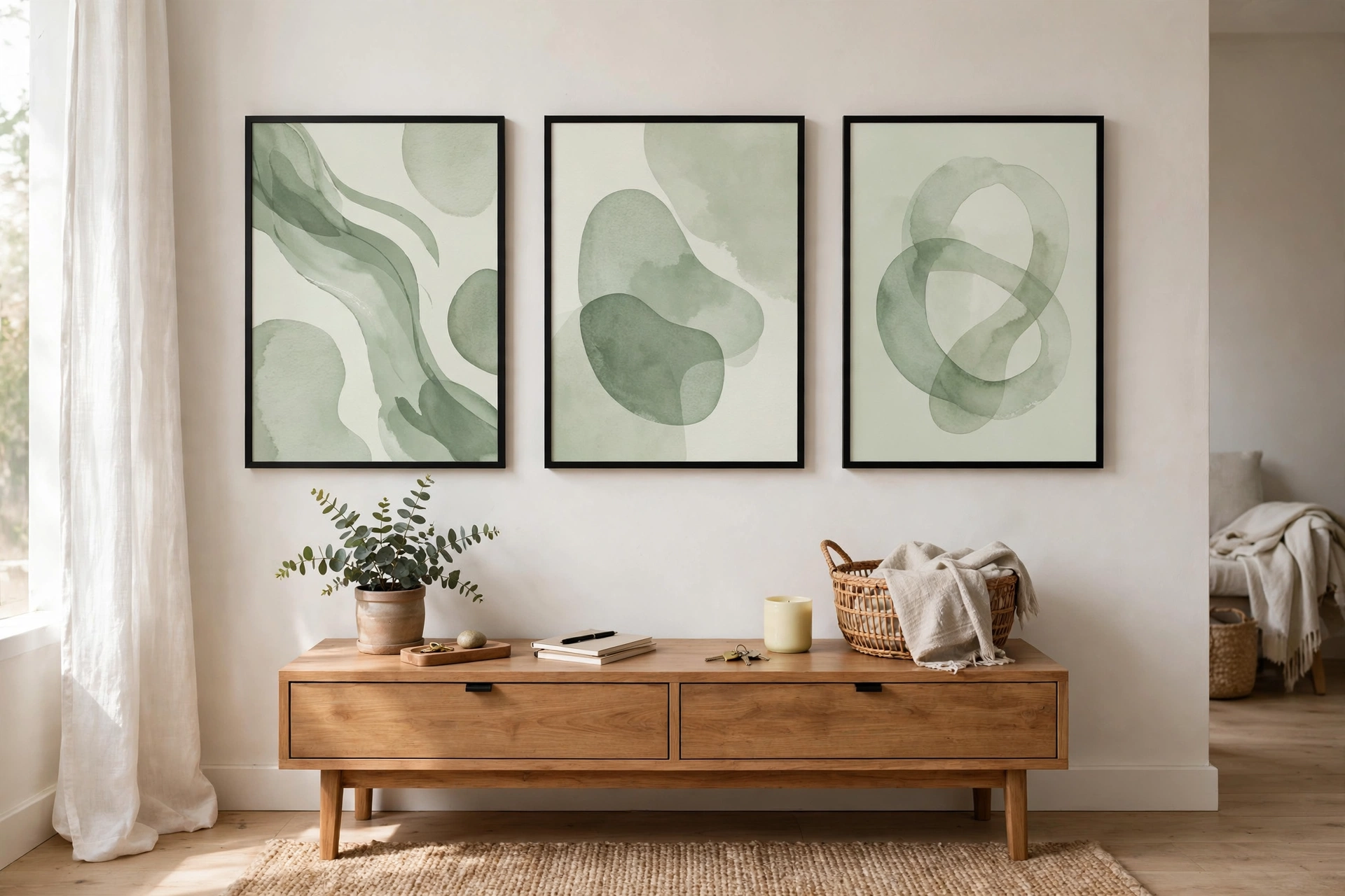 Affordable printable art in matching frames styled above a console table in a studio