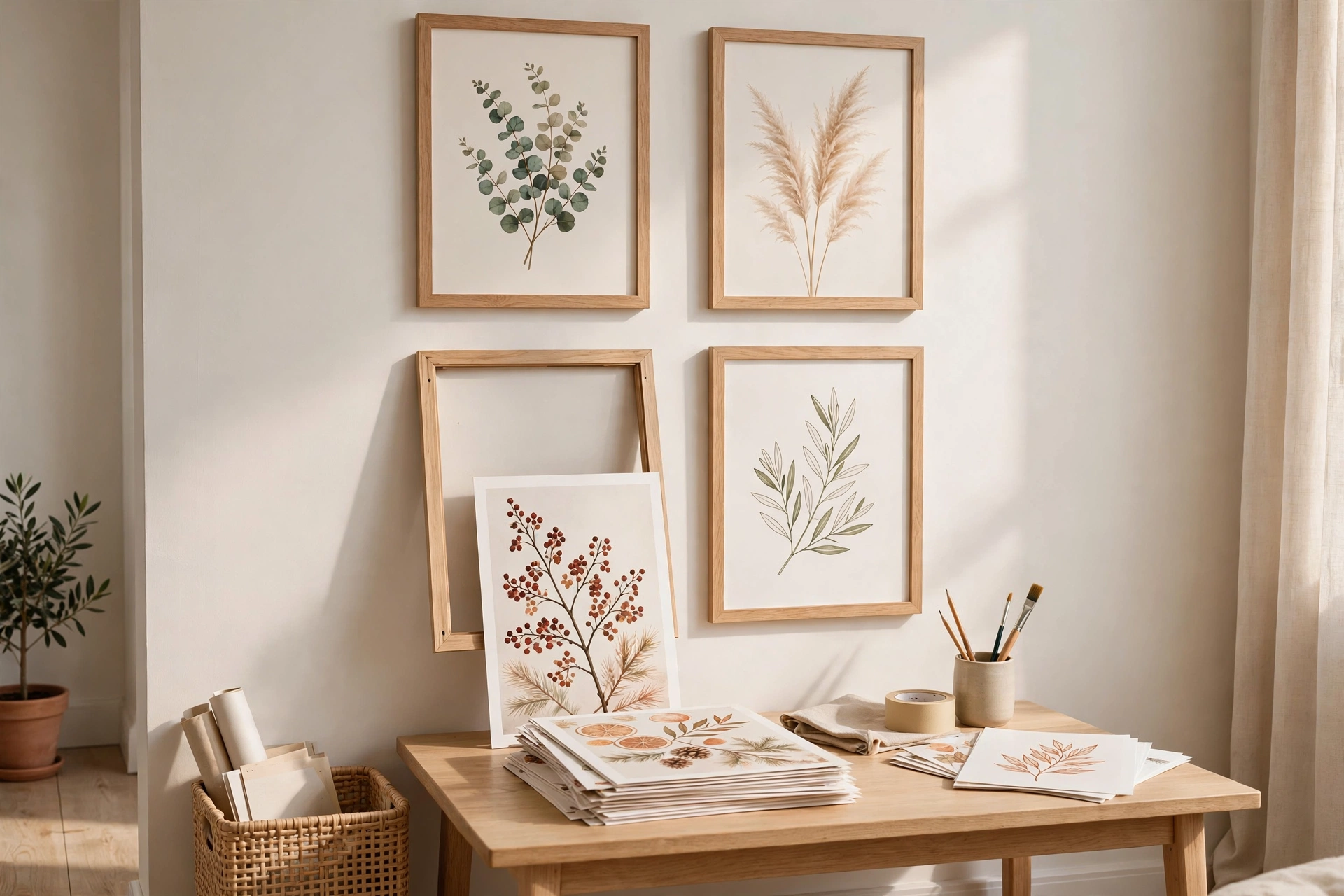 Seasonally rotated art prints being swapped in frames in a bright studio apartment