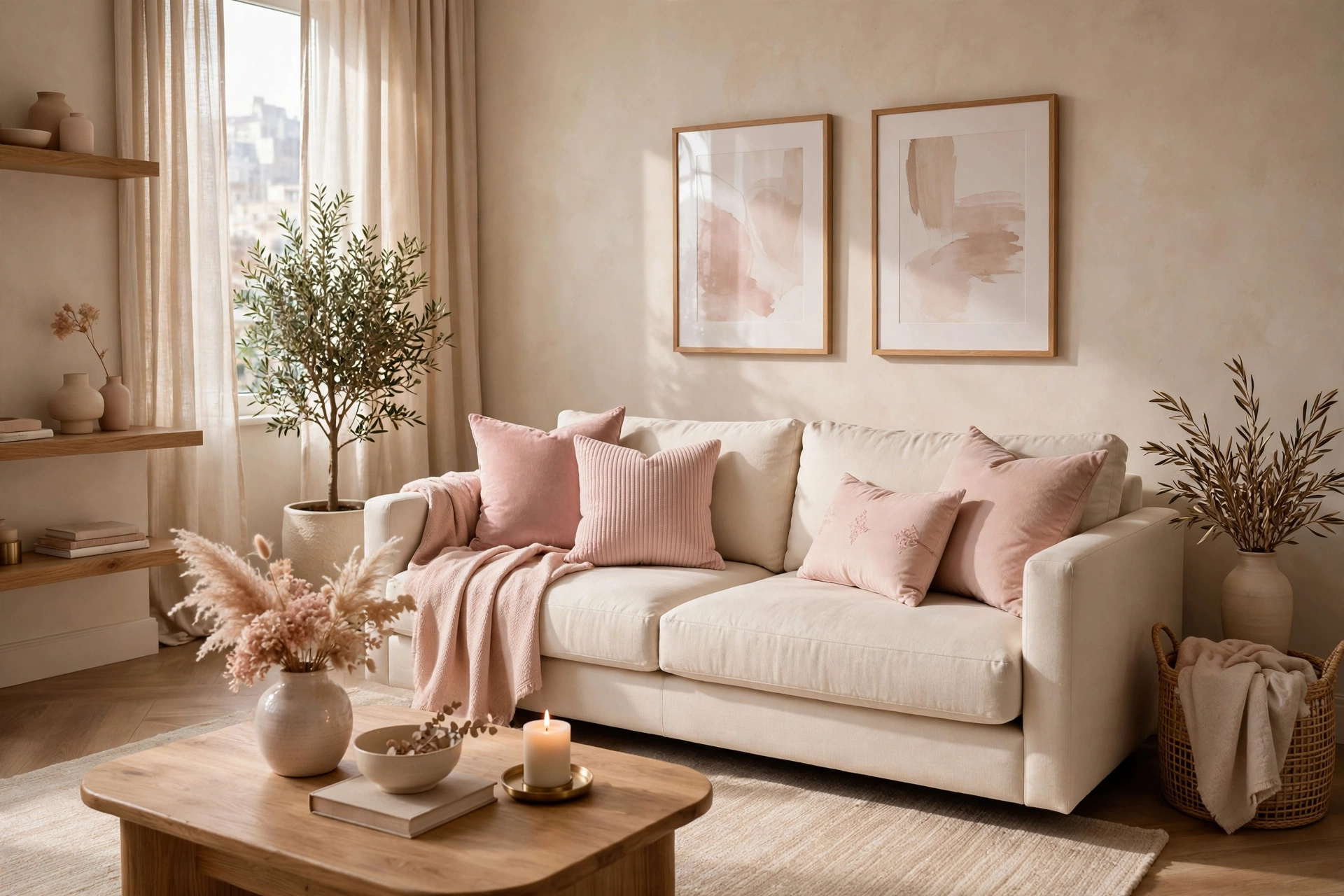 Studio apartment living zone in warm neutrals with blush pink accents showing a cohesive color palette