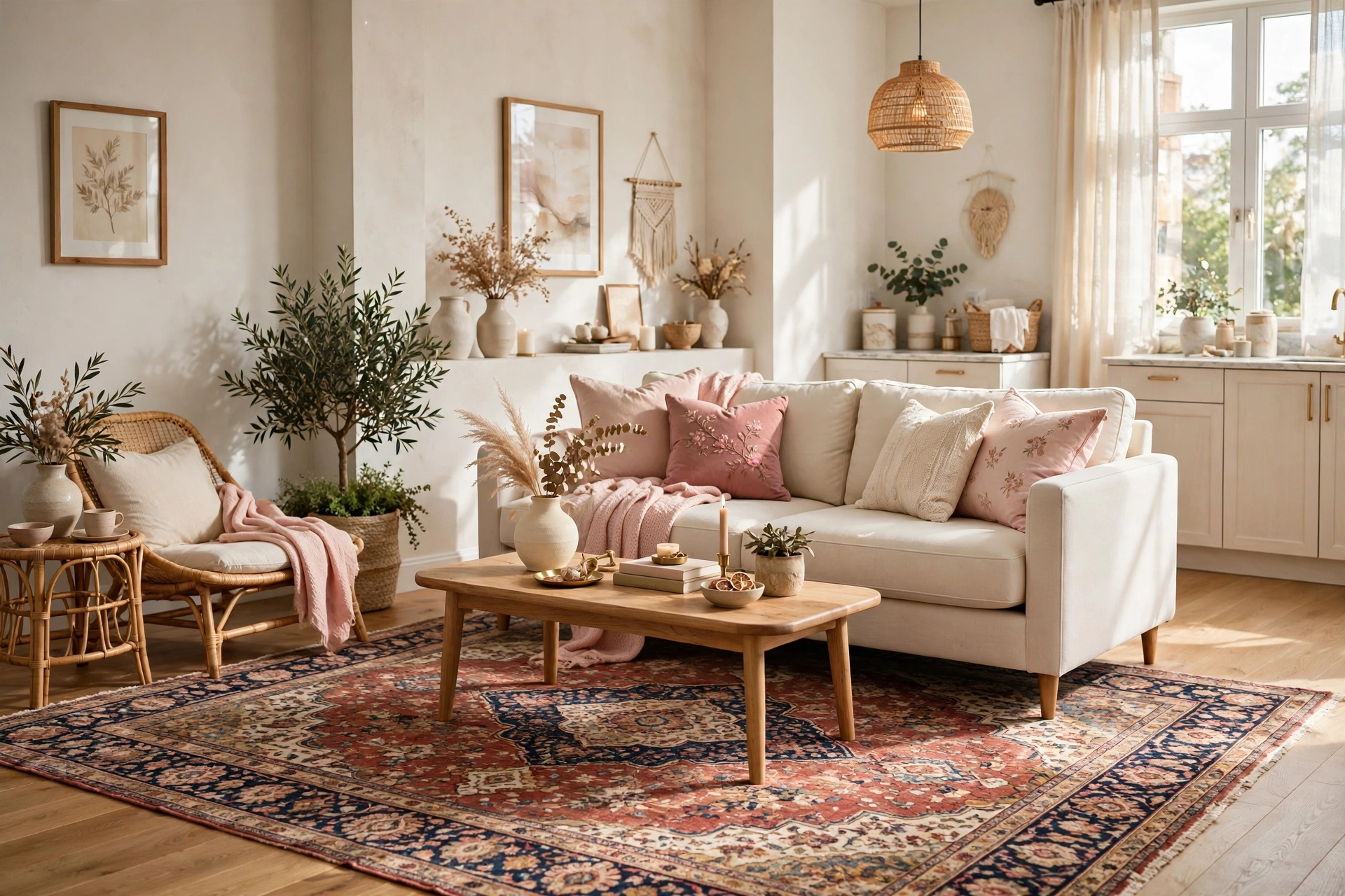 Beautiful patterned area rug anchoring a stylish studio apartment living area for women