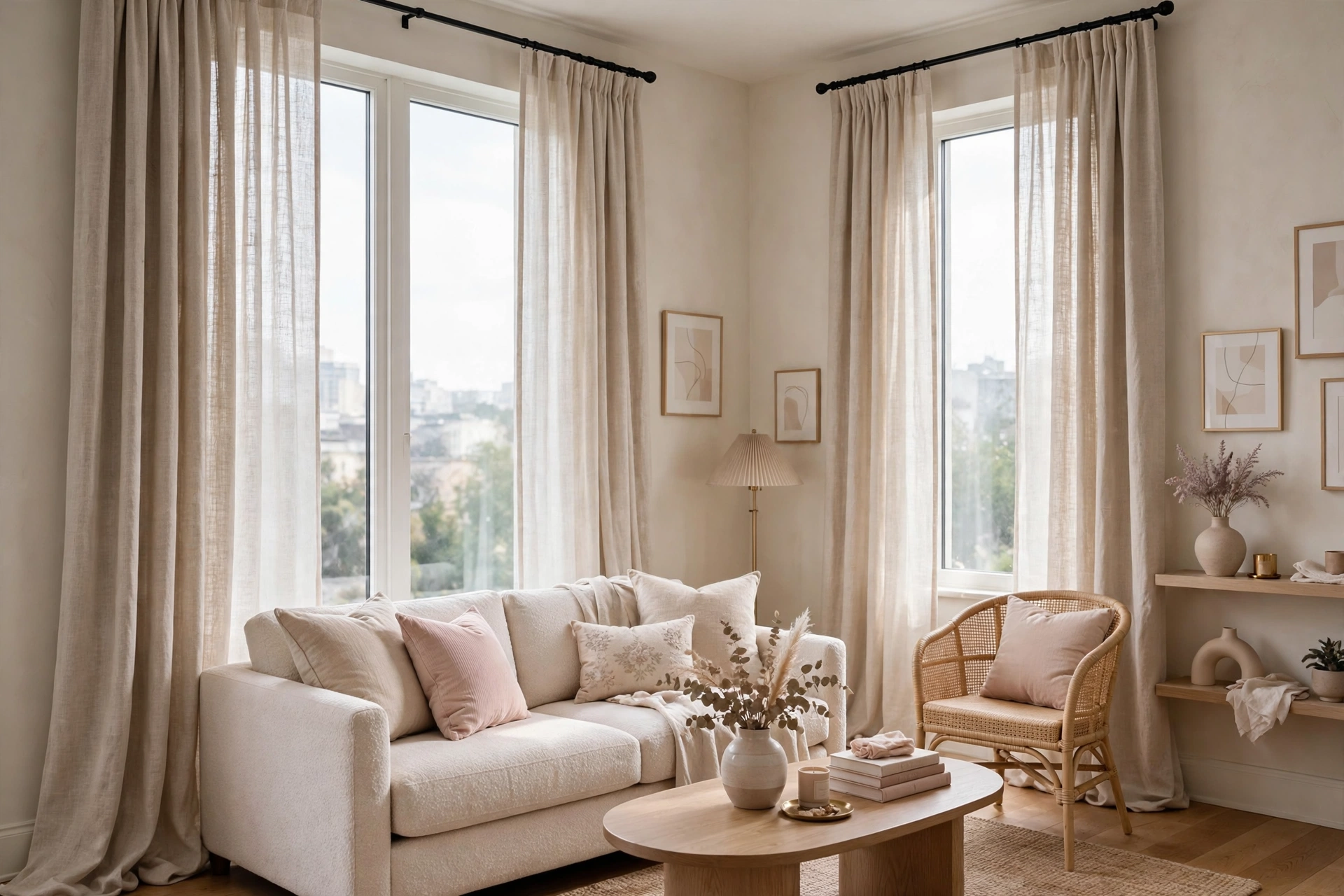 Elegant floor-length linen curtains framing windows in a feminine studio apartment