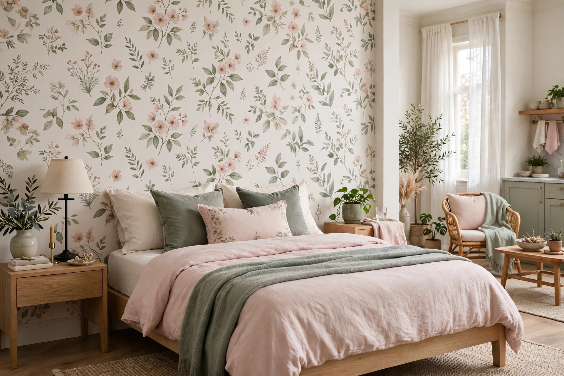 Soft botanical peel-and-stick wallpaper accent wall behind a bed in a studio apartment