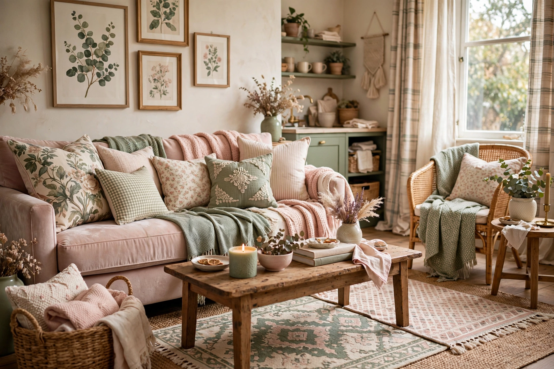 Layered throws cushions and rugs creating a rich collected look in a studio apartment