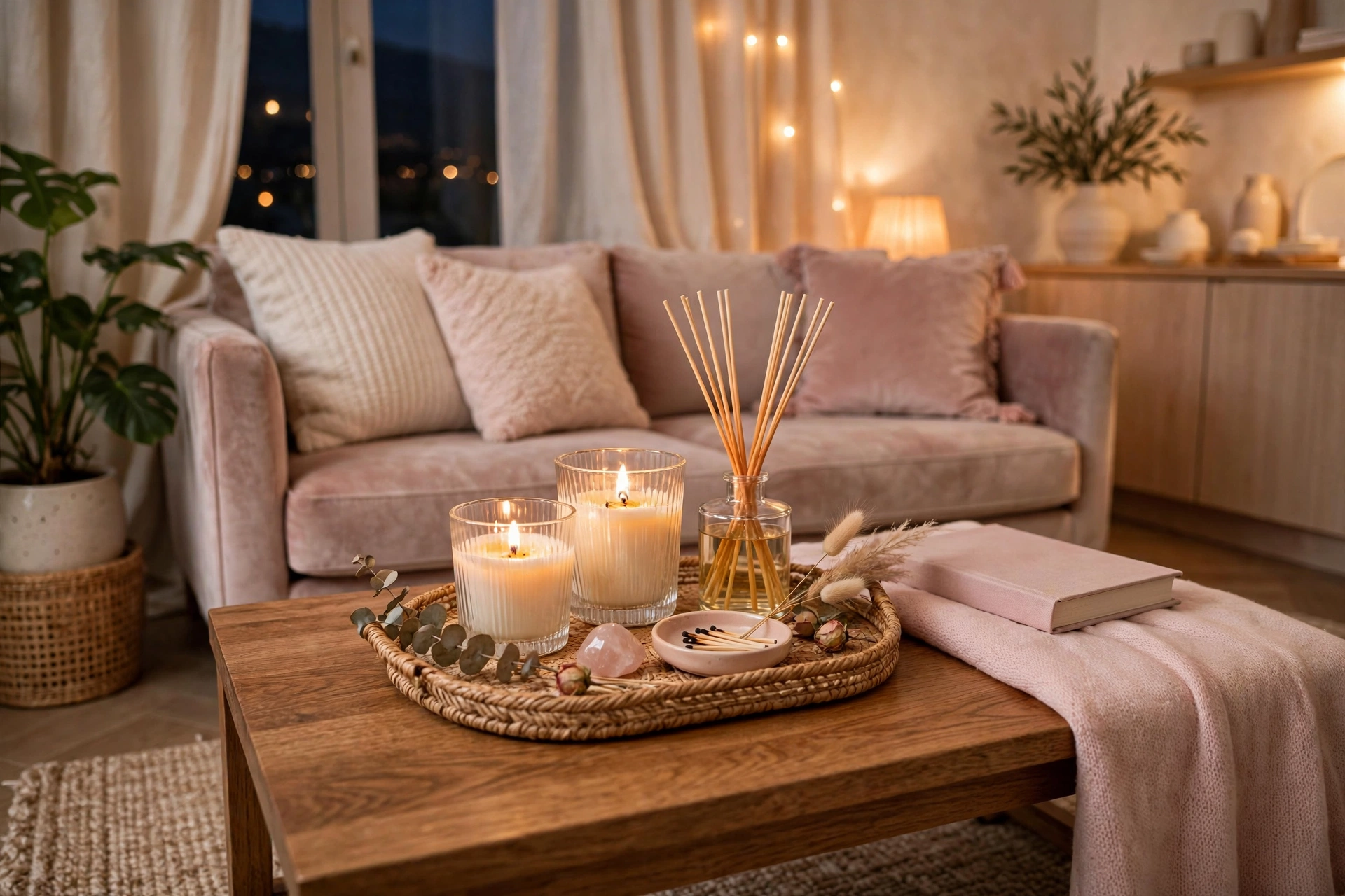 Styled candle and reed diffuser arrangement on a tray in a cozy studio apartment