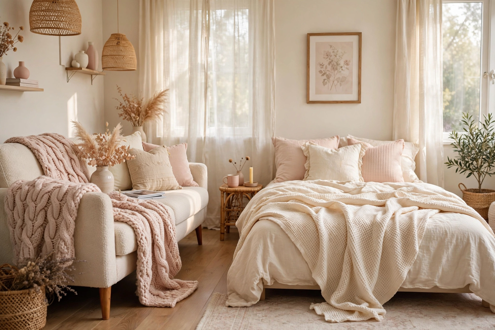 Chunky knit throw blankets draped over a sofa and bed in a cozy feminine studio