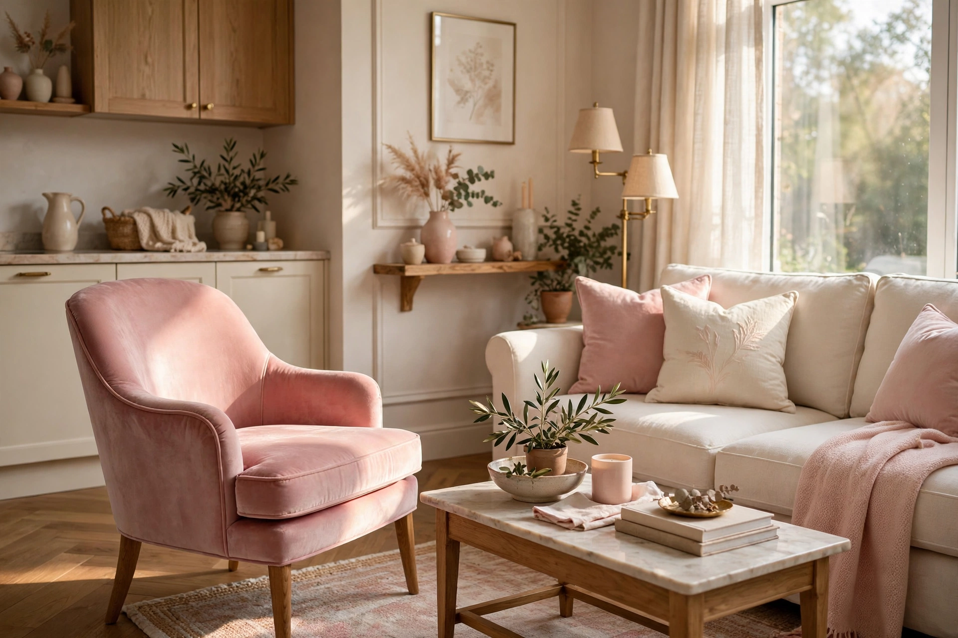 Blush velvet accent chair angled toward a sofa in a stylish studio apartment living zone