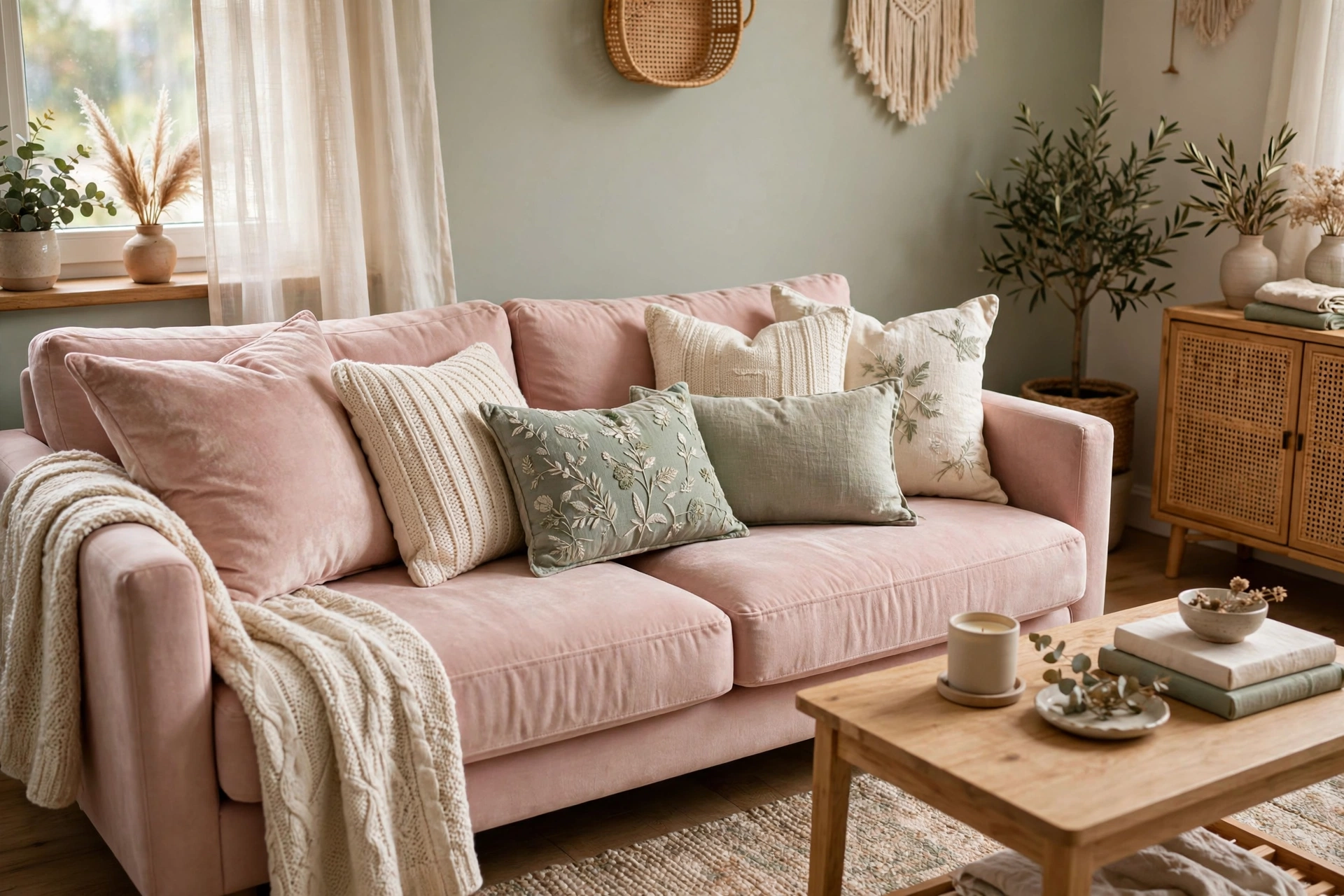 Sofa styled with mixed velvet linen and knit throw pillows in a feminine studio apartment