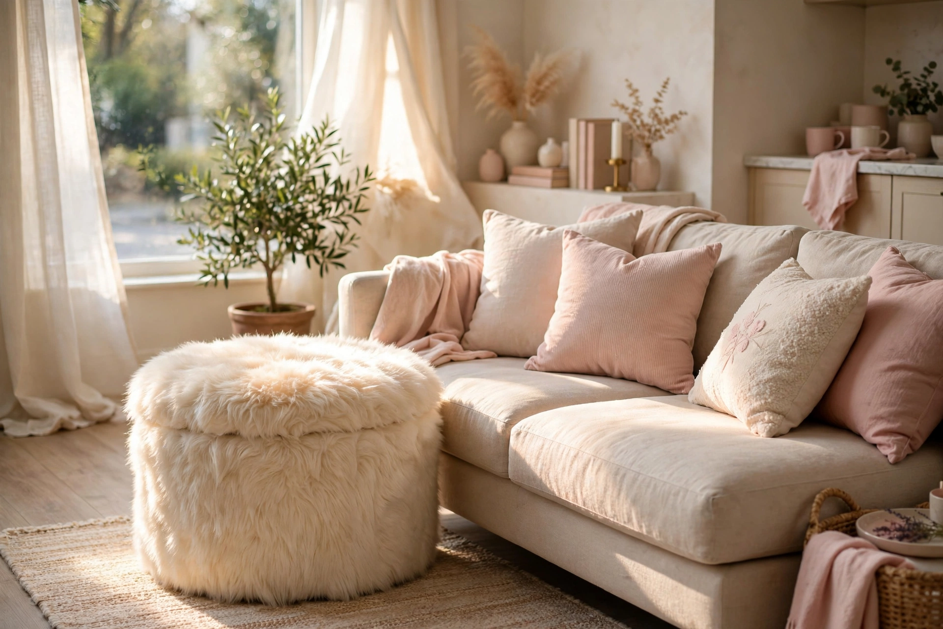 Cream faux fur storage ottoman beside a sofa in a cozy studio apartment
