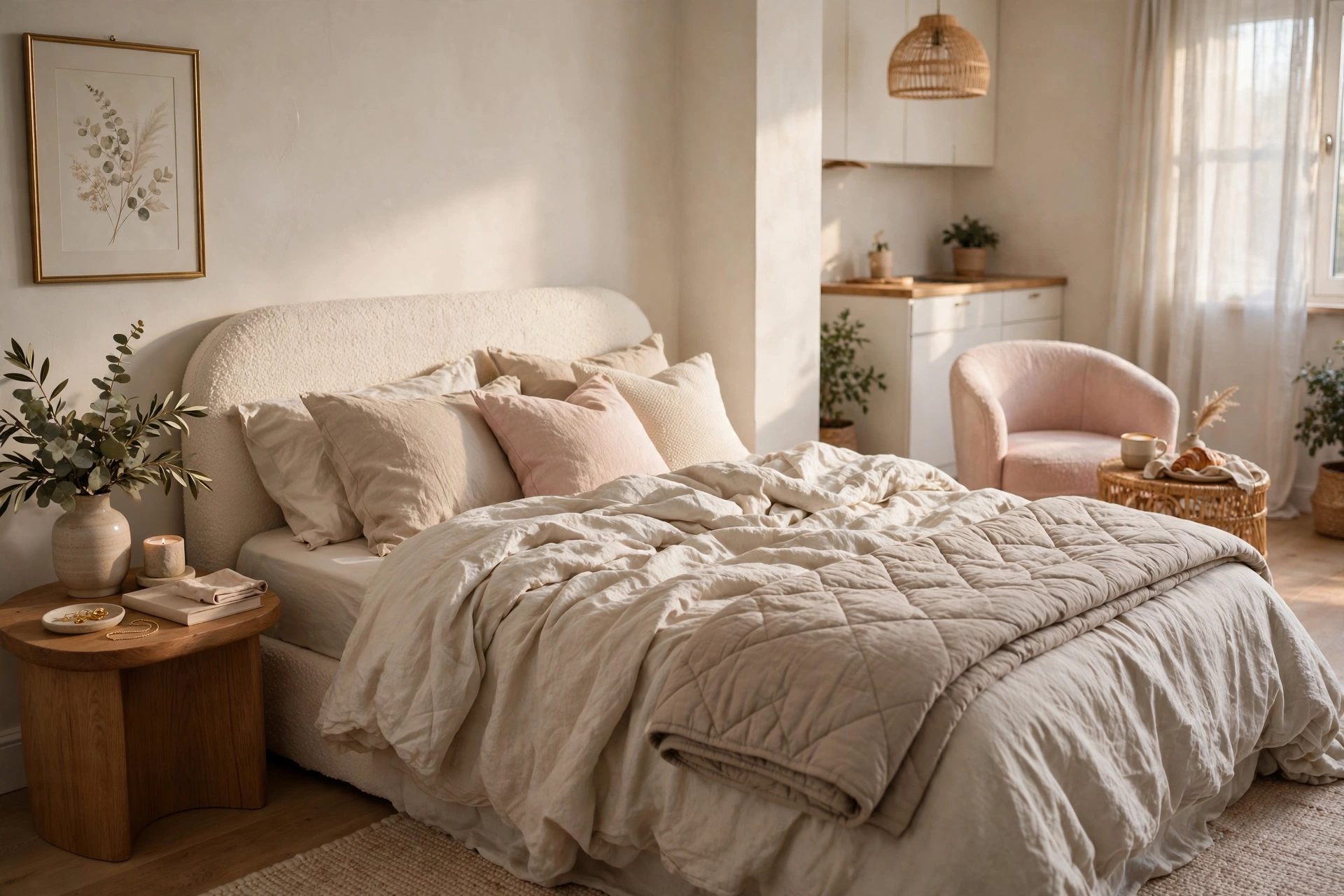 Rumpled washed-linen duvet bedding in soft neutrals on a bed in a studio apartment