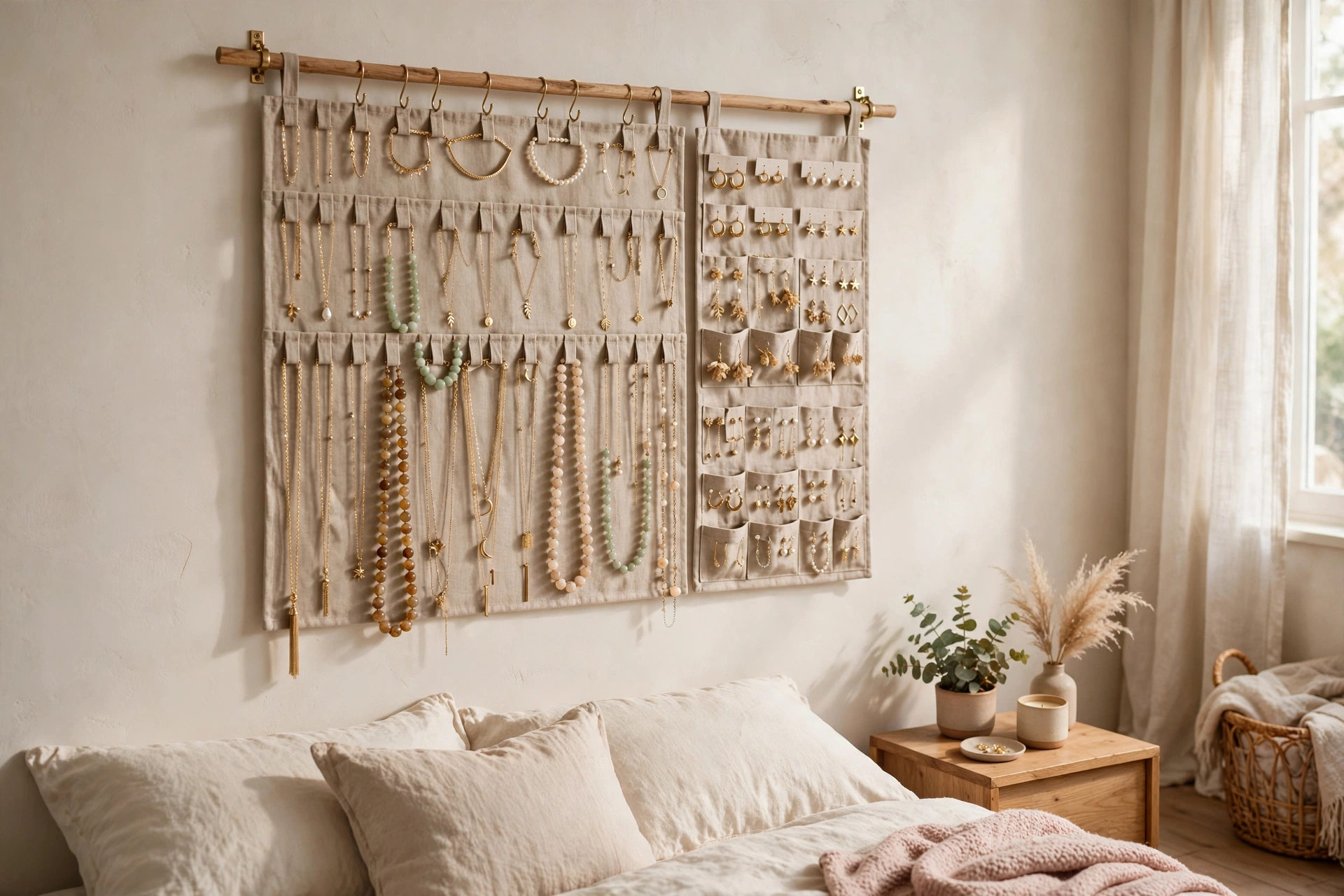 Wall-mounted linen jewelry organizer with necklaces displayed like art in a studio bedroom