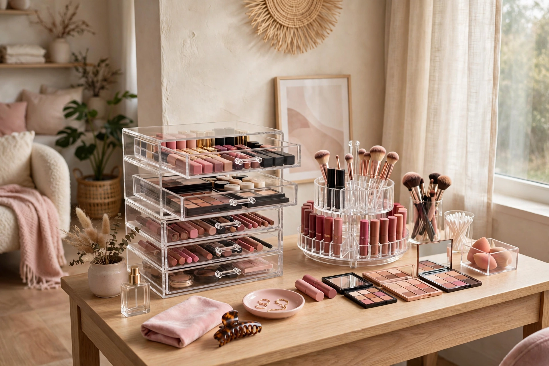 Clear acrylic makeup organizers neatly arranged on a vanity in a studio apartment